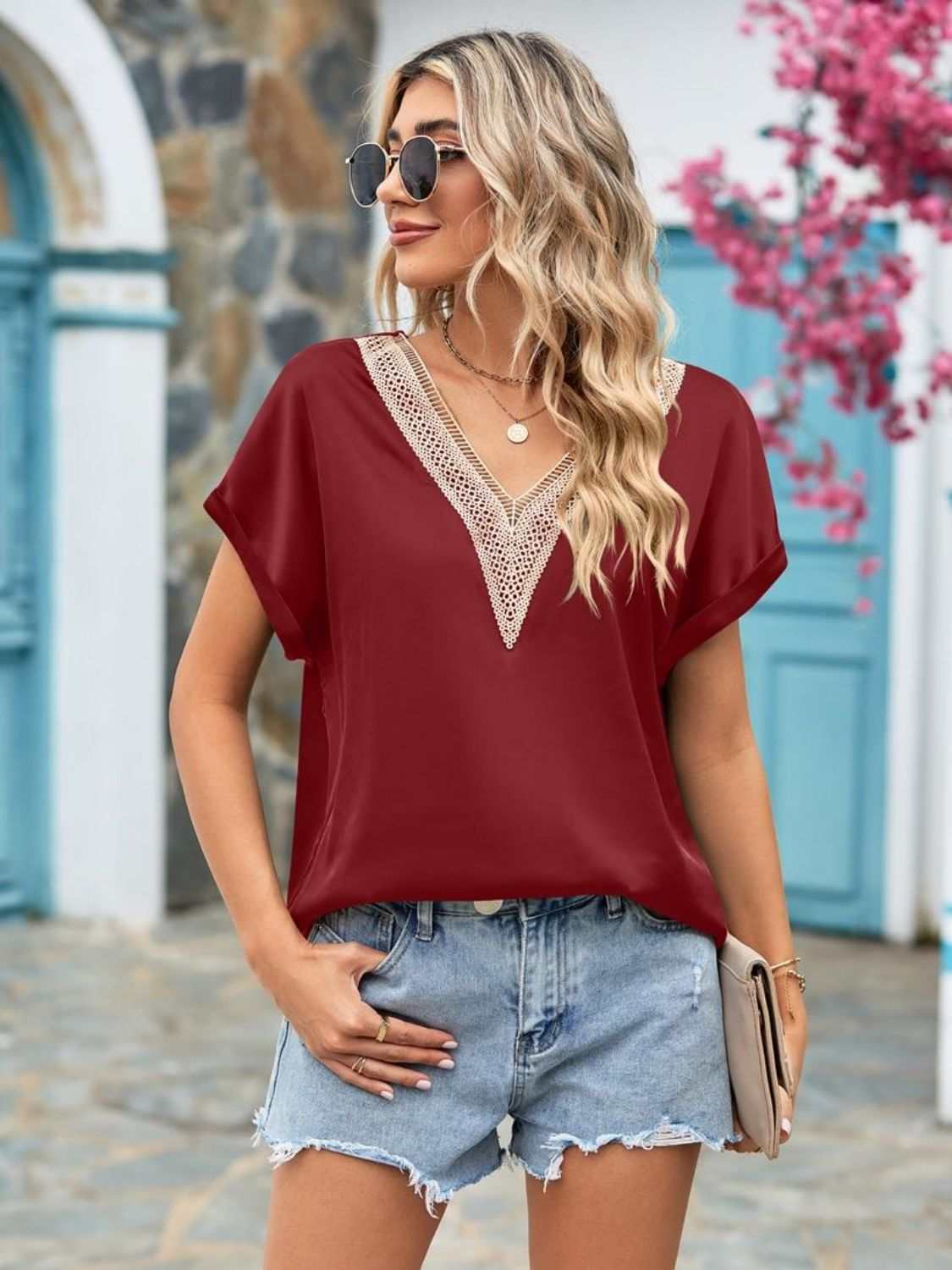 Mandy V-Neck Cuffed Blouse