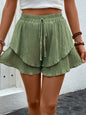 Perfee Tied Layered High Waist Shorts in green with ruffled design