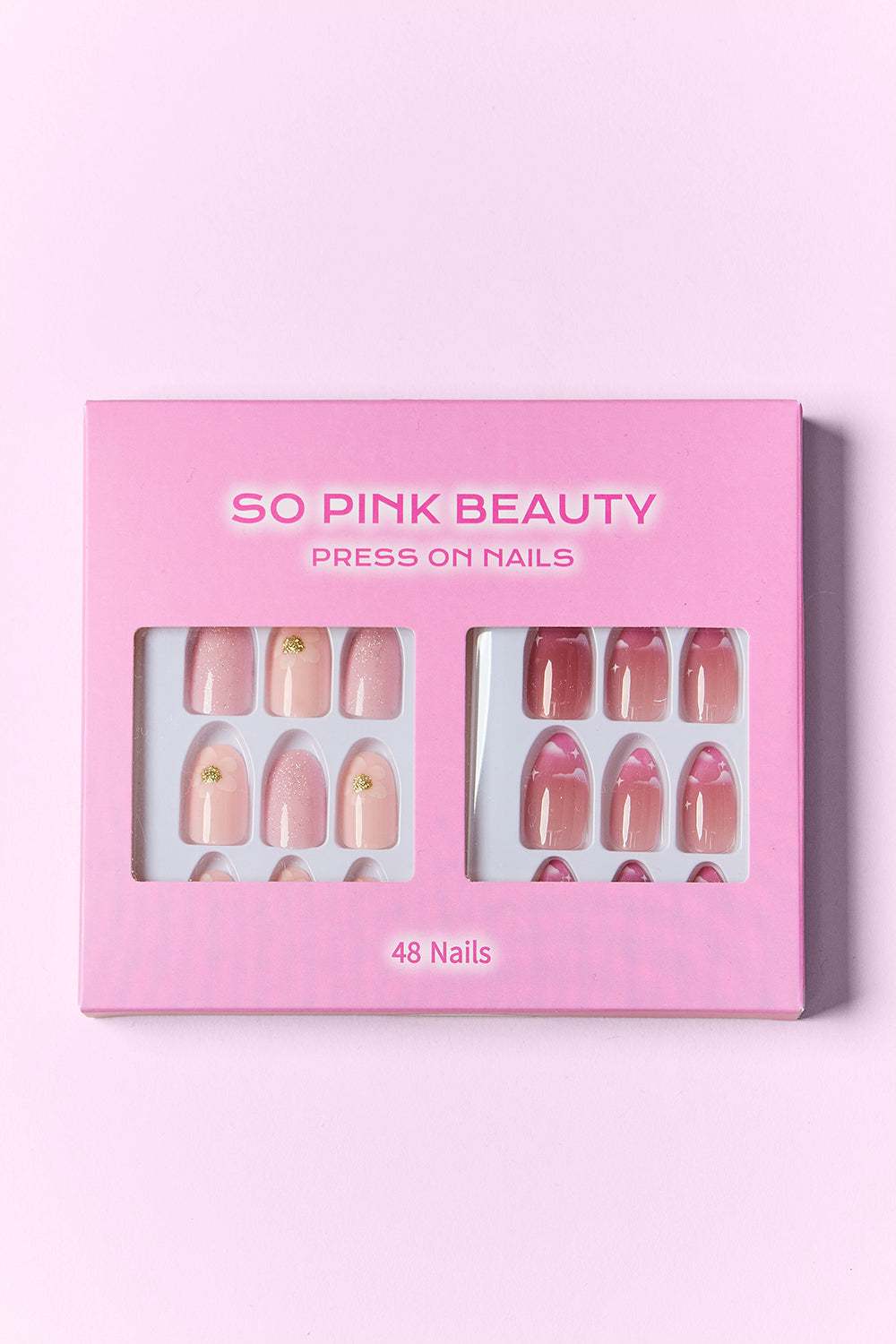 SO PINK BEAUTY Press On Nails 2 Pack with 48-piece set in pink shades, featuring versatile designs in decorative box.