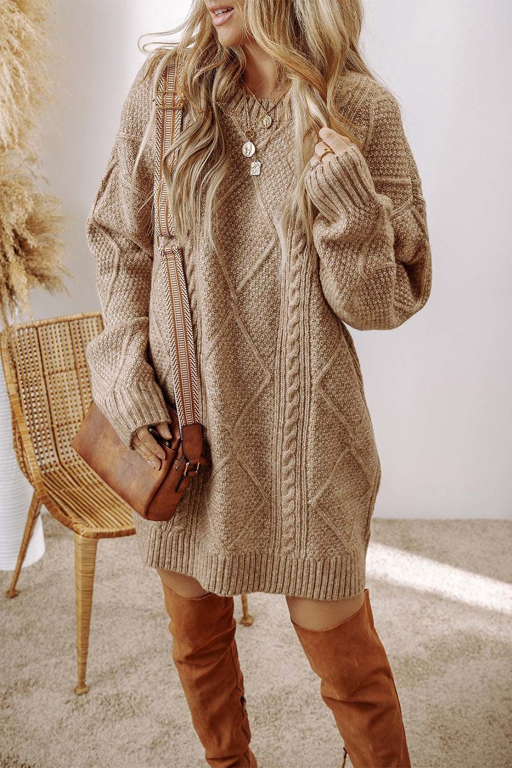 Cable-Knit Round Neck Sweater Dress Tan