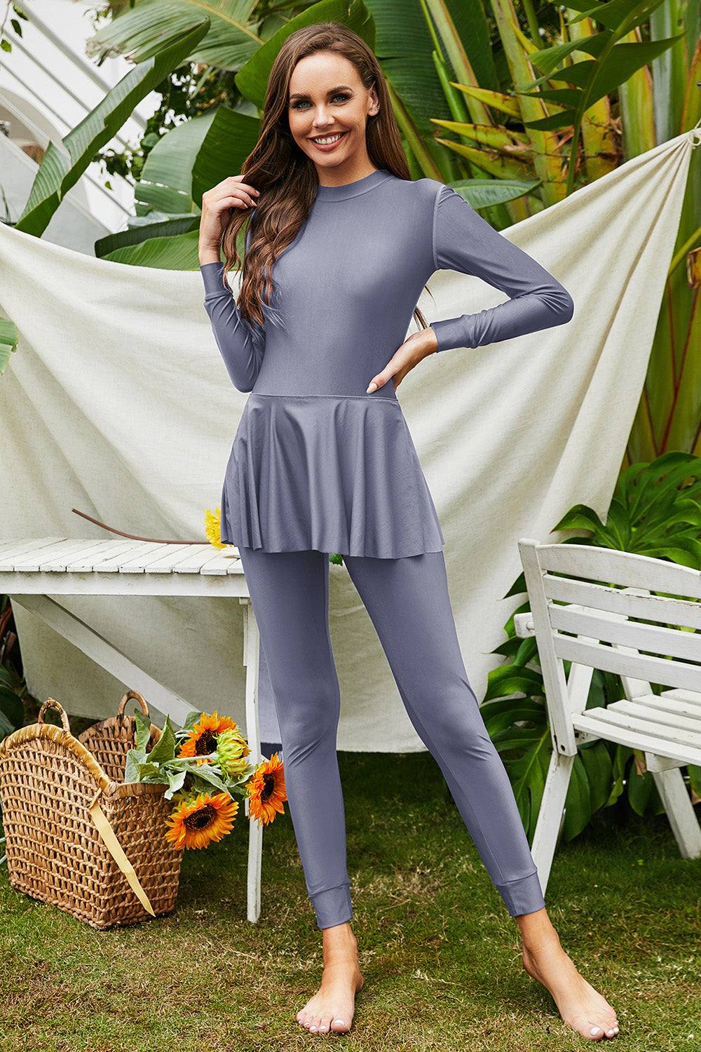 Mock neck long sleeve one-piece swimwear in gray, featuring a basic style with high stretch material.