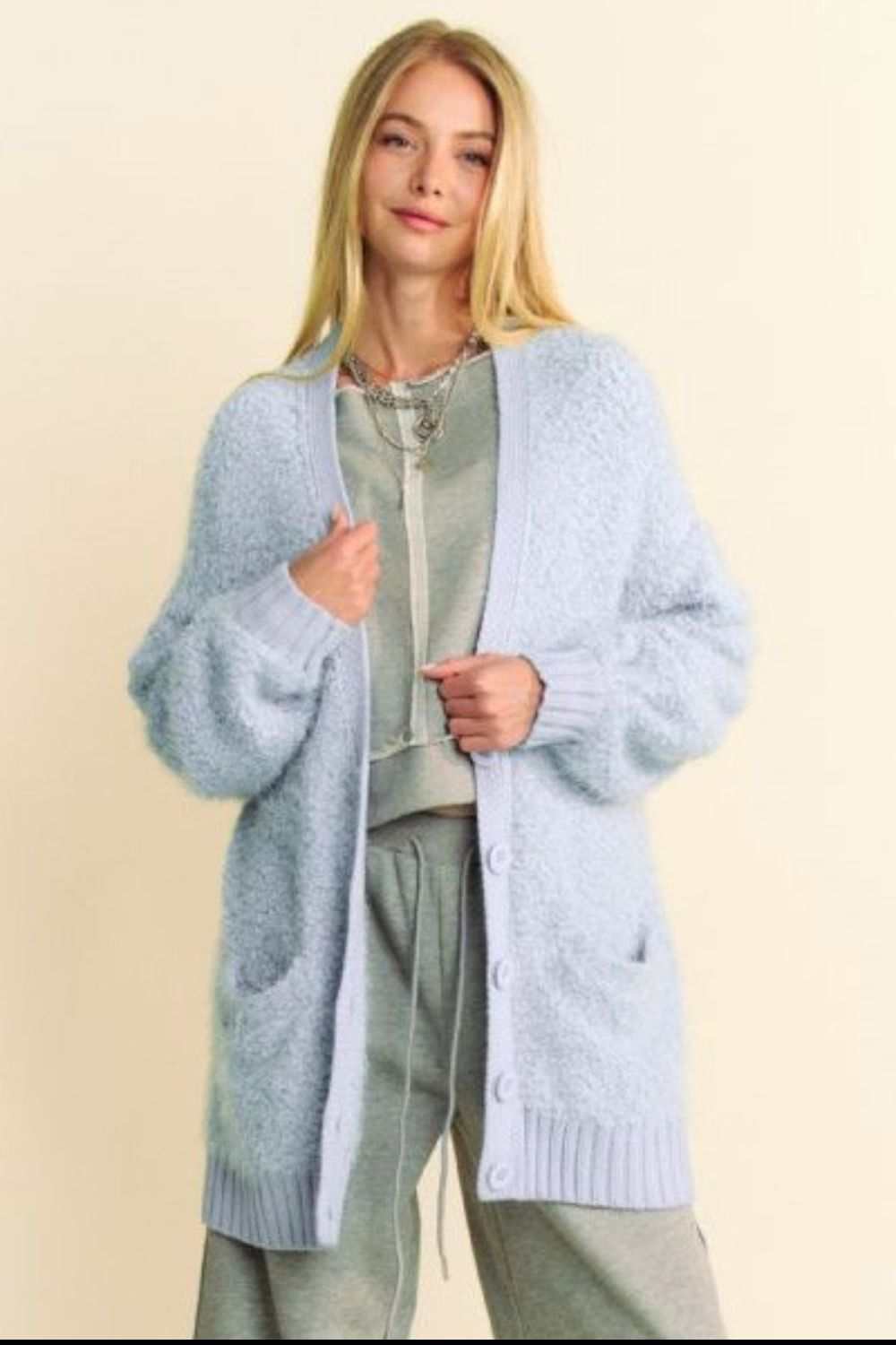 Davi & Dani Ribbed Hem Button Up Long Sleeve Cardigan