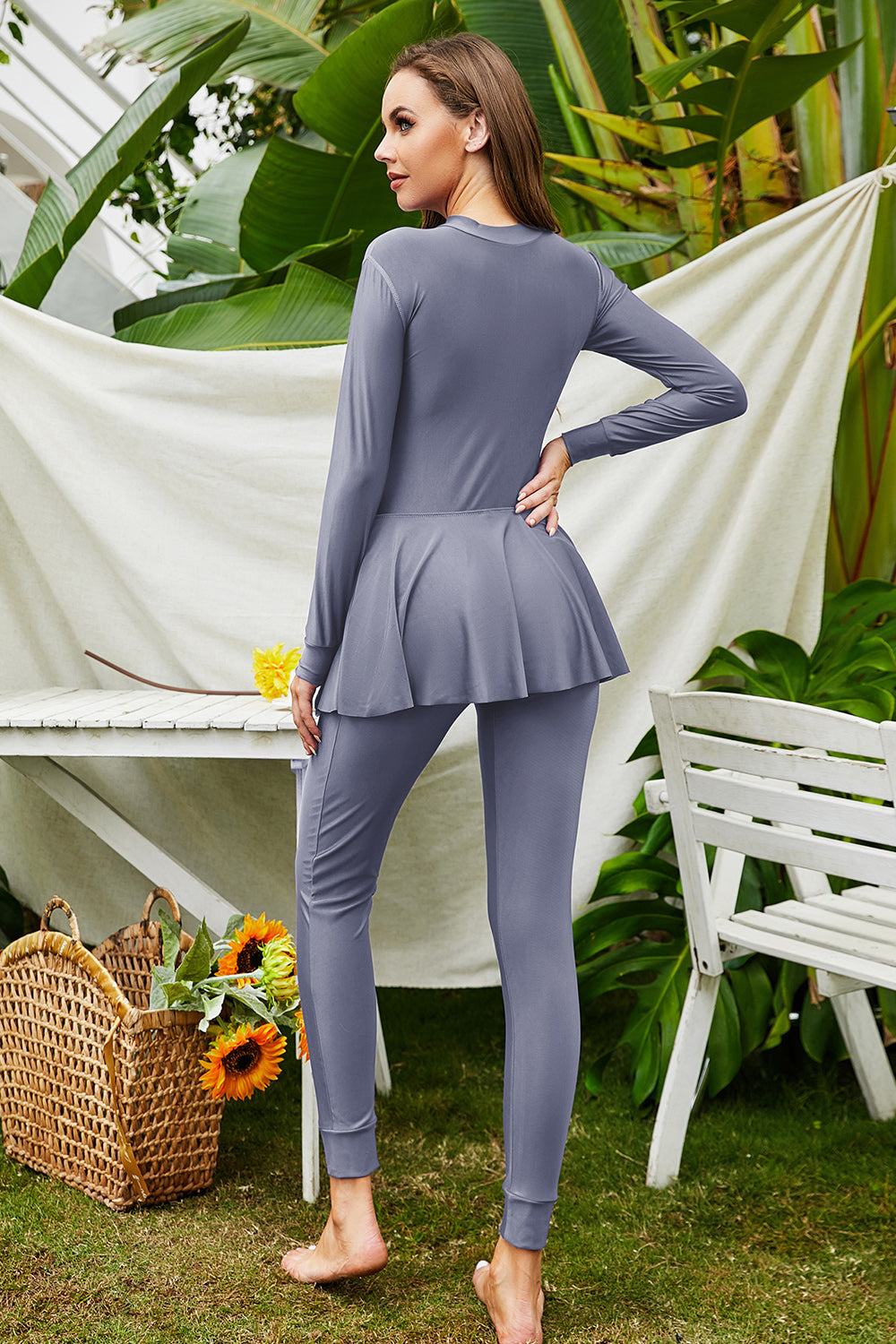 Mock neck long sleeve one-piece swimwear in gray, highly stretchy polyester-spandex blend, basic style without padding or underwire.