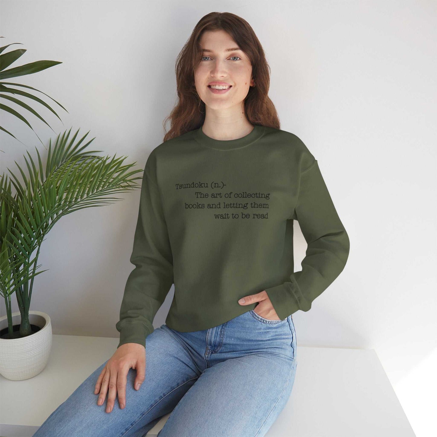 Tsundoku crewneck sweatshirt featuring book-related definition, perfect for avid readers.