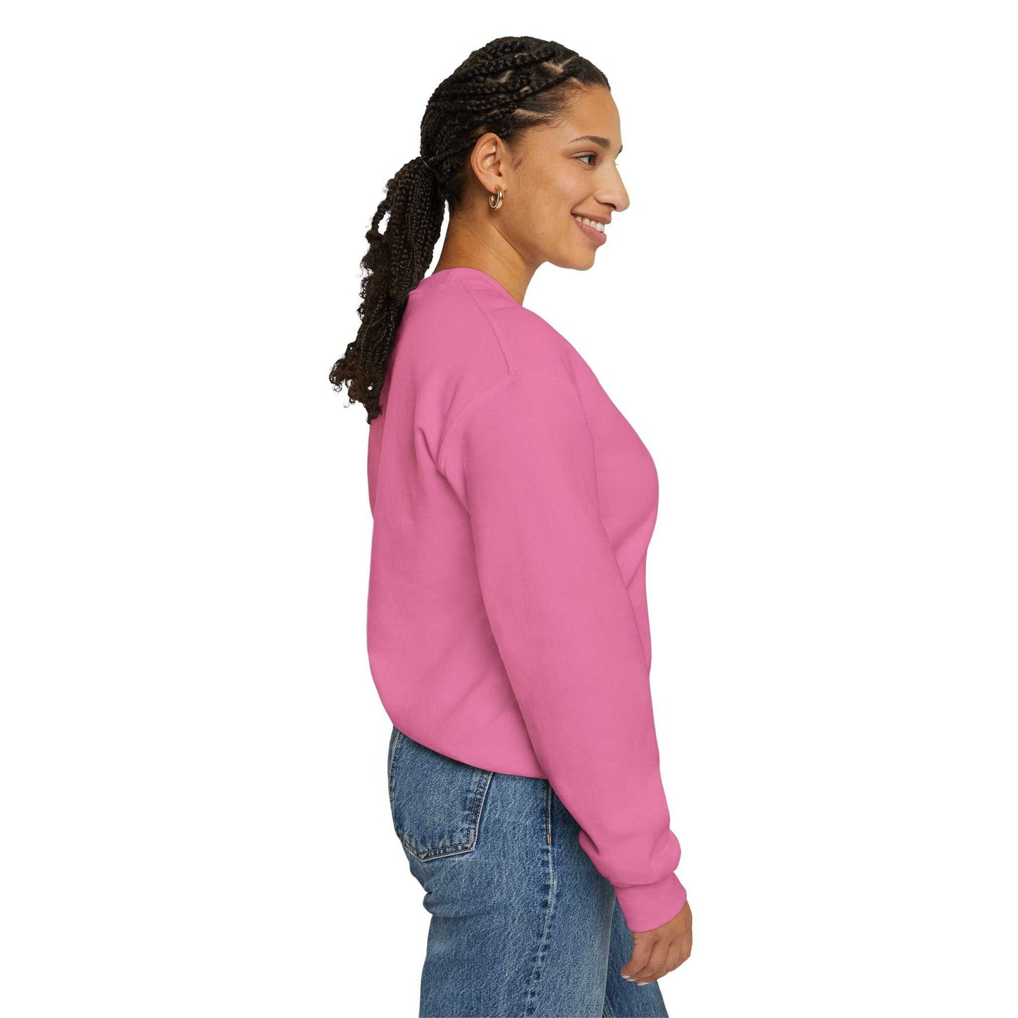 Pink crewneck sweatshirt side view, ideal for book lovers.