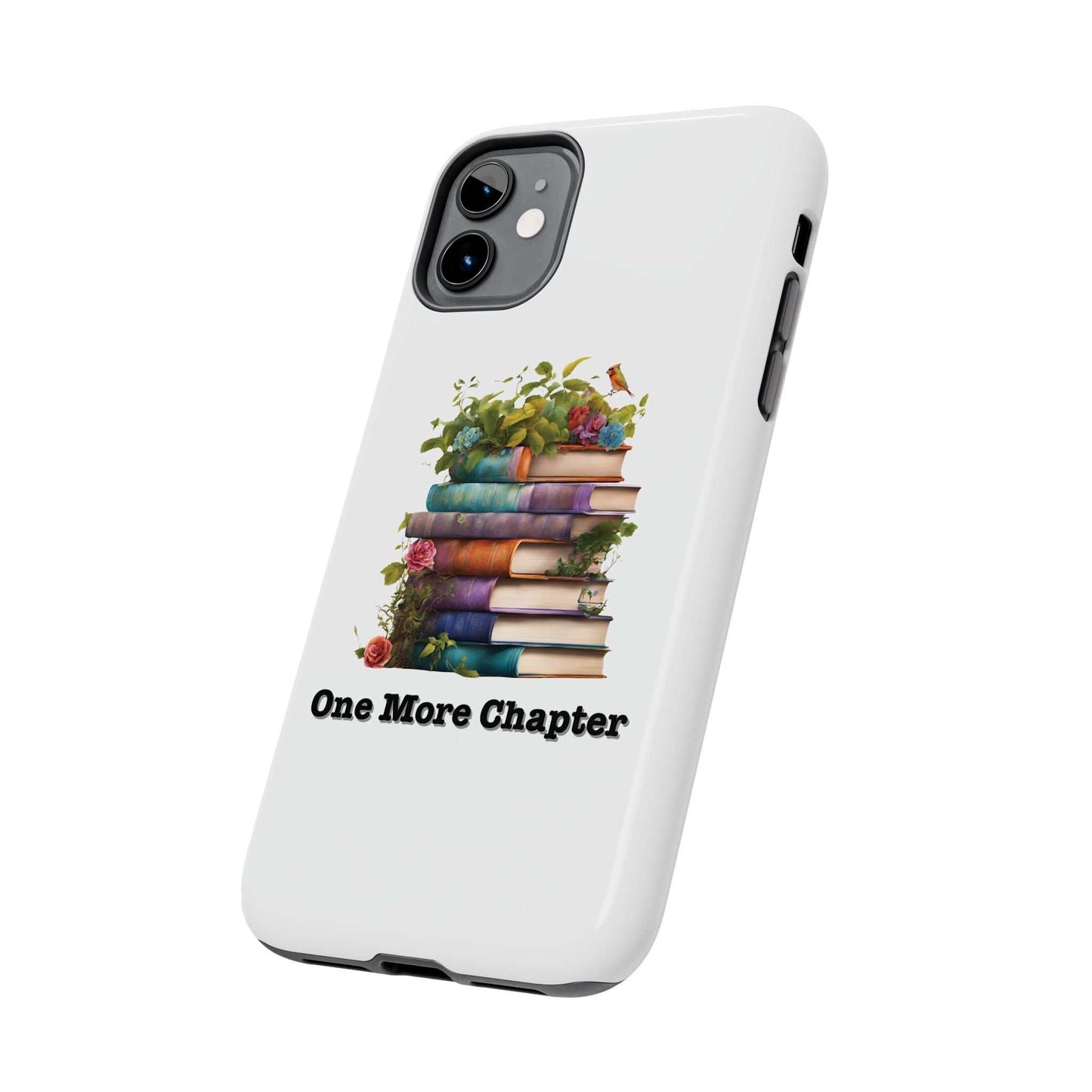 Phone case with "One More Chapter" book pile design, durable Lexan plastic, perfect for book lovers.