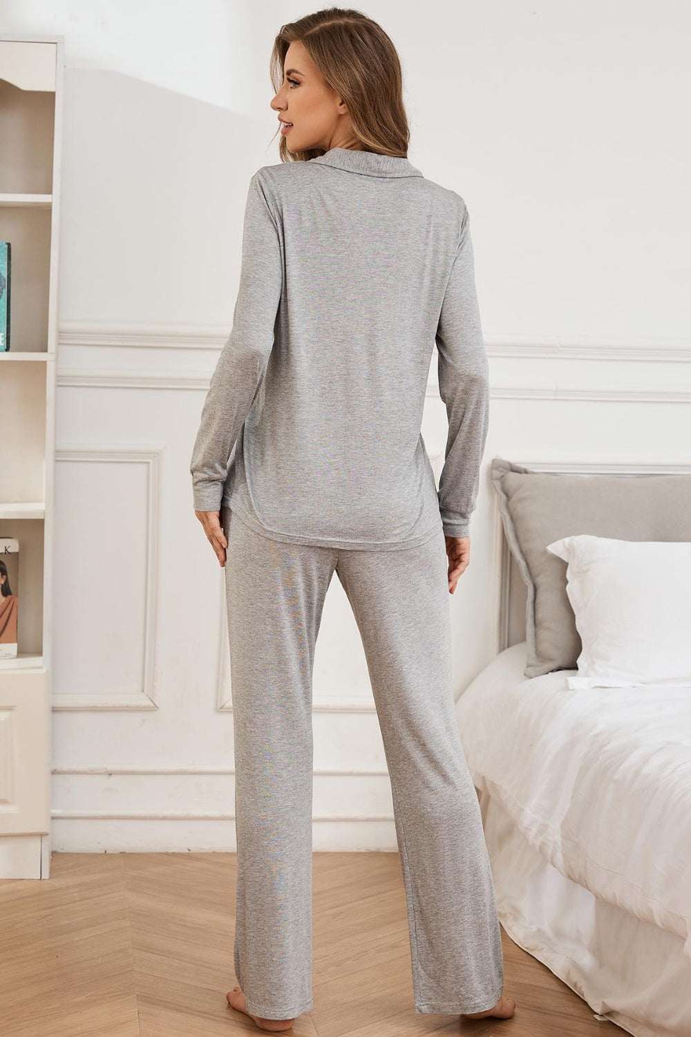 Long sleeve top and pants lounge set in grey, back view.