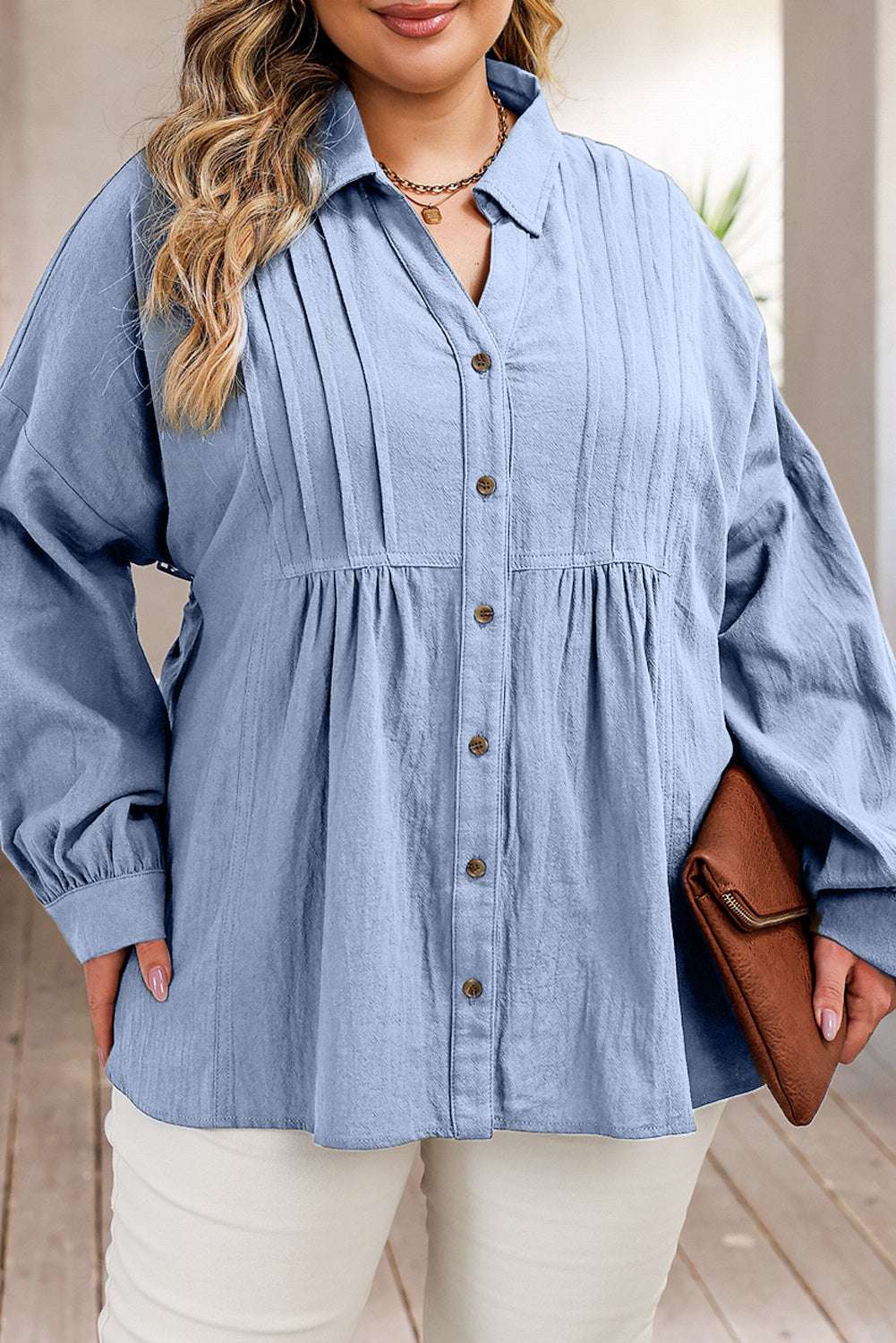 Plus Size High-Low Button Up Dropped Shoulder Shirt Light Blue