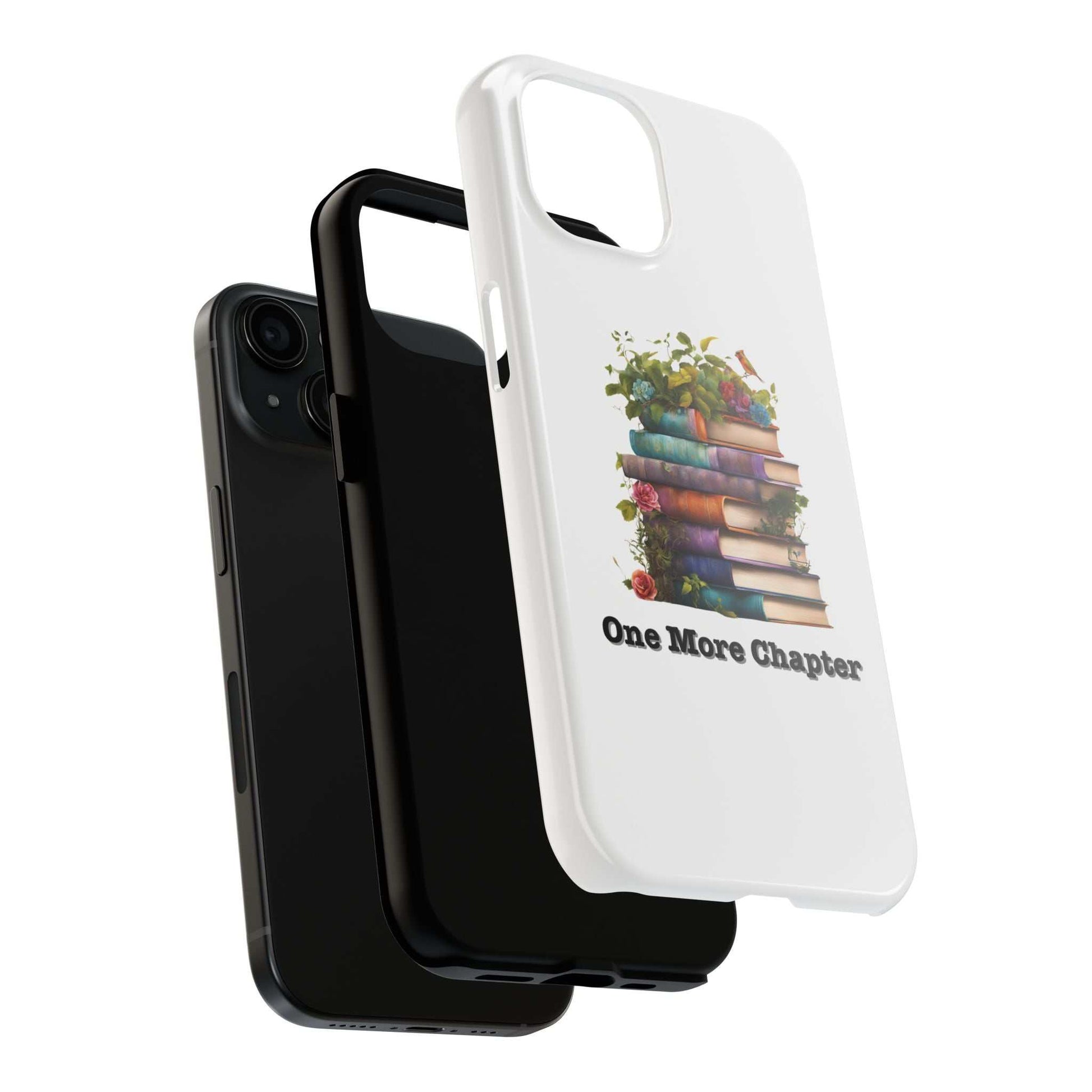 Phone case with 'One More Chapter' book pile design for book lovers.