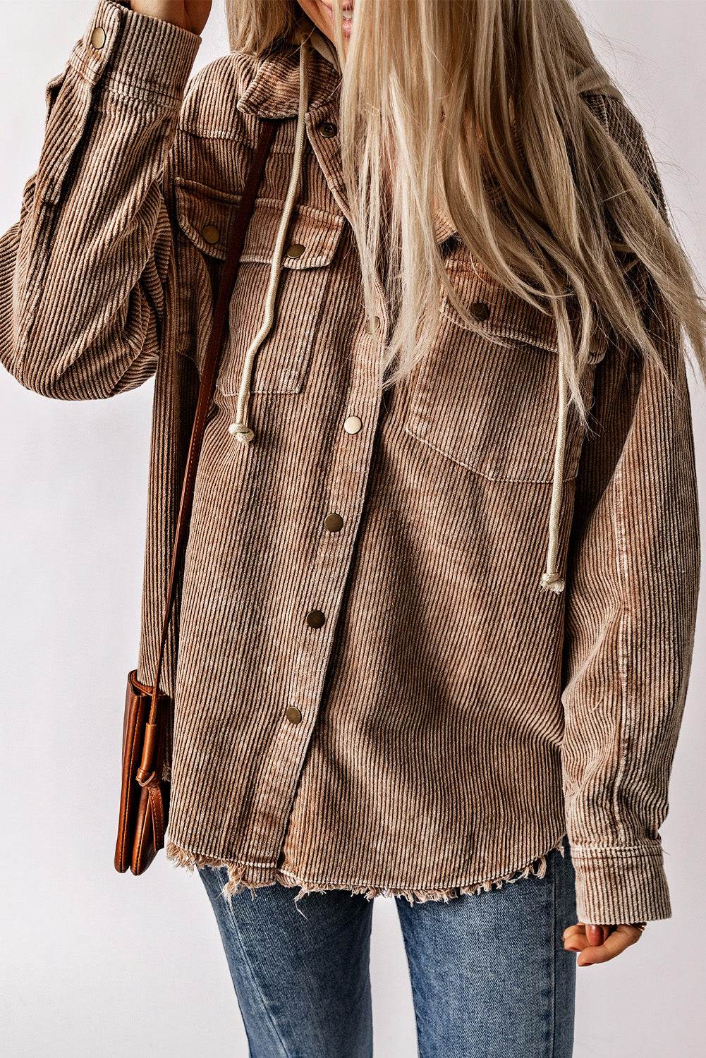 Snap Front Hooded Corduroy Shacket  Taupe