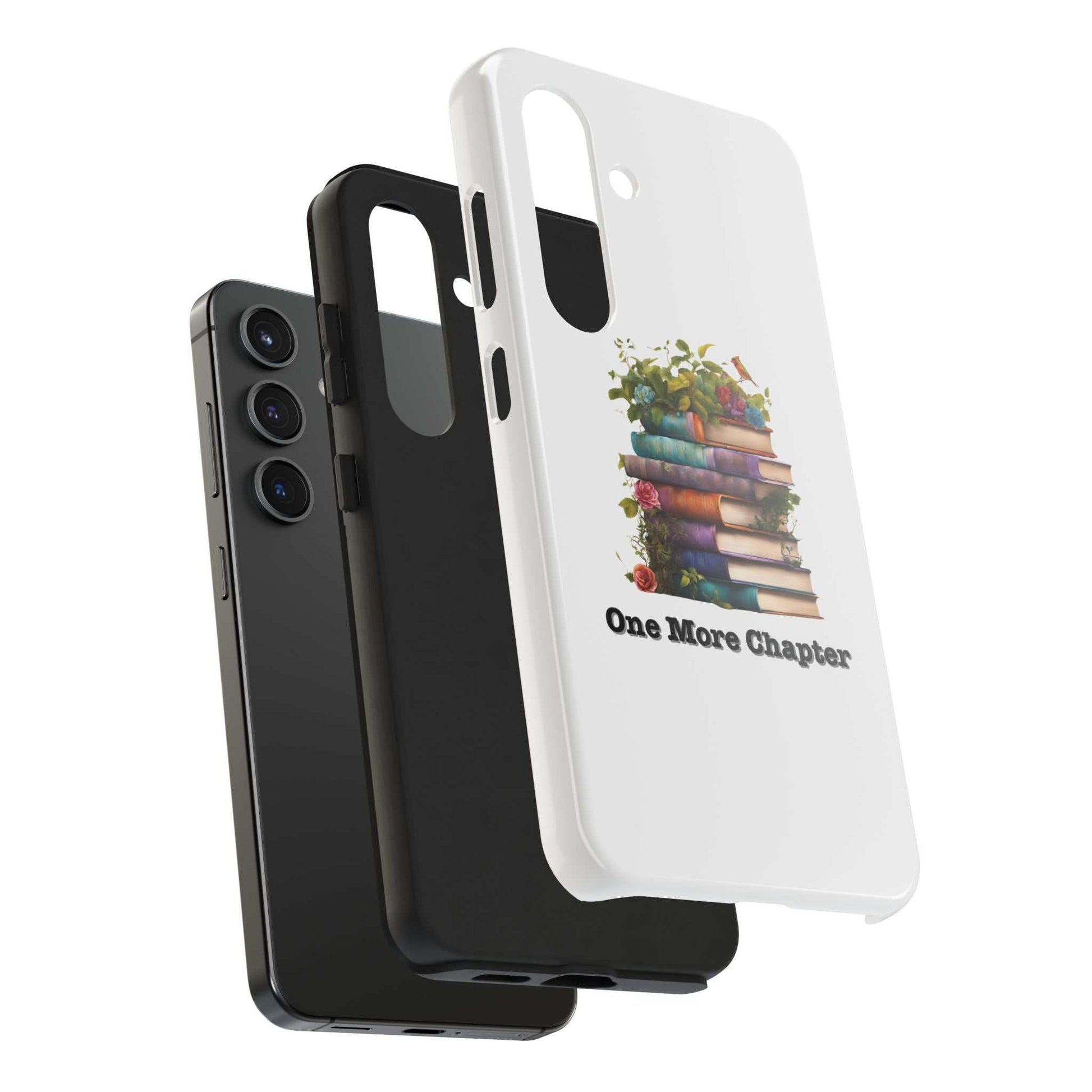 Phone case with book pile design, durable Lexan plastic, ideal for book lovers.