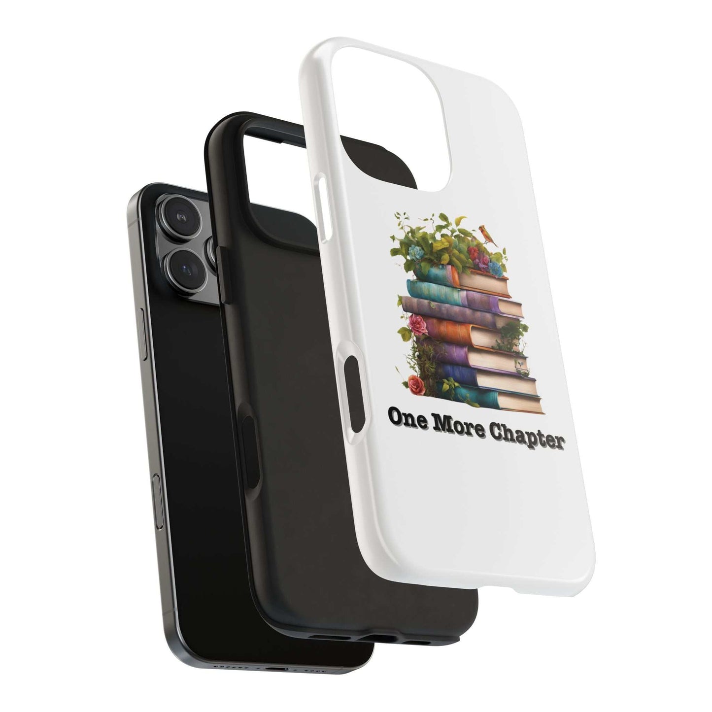 Phone case with book pile design and "One More Chapter" text, perfect for book lovers.