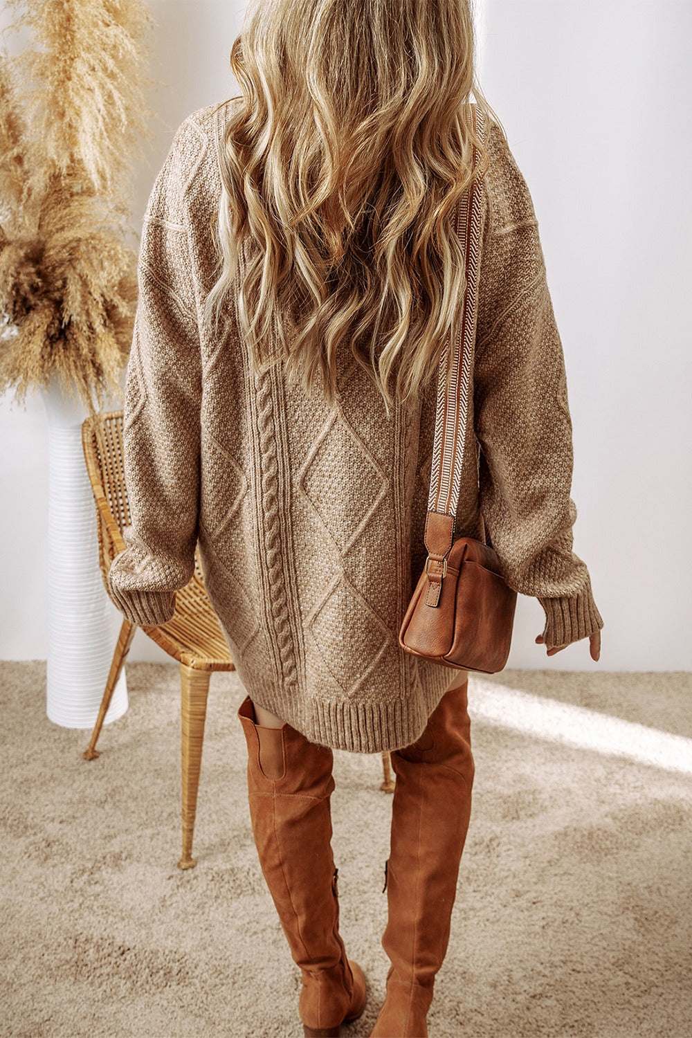 Cable-Knit Round Neck Sweater Dress Tan