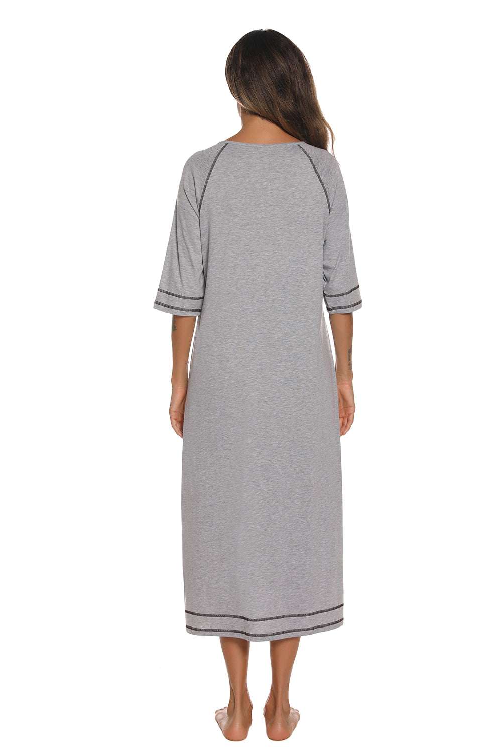 Slit round neck night dress with pockets, gray color, back view.