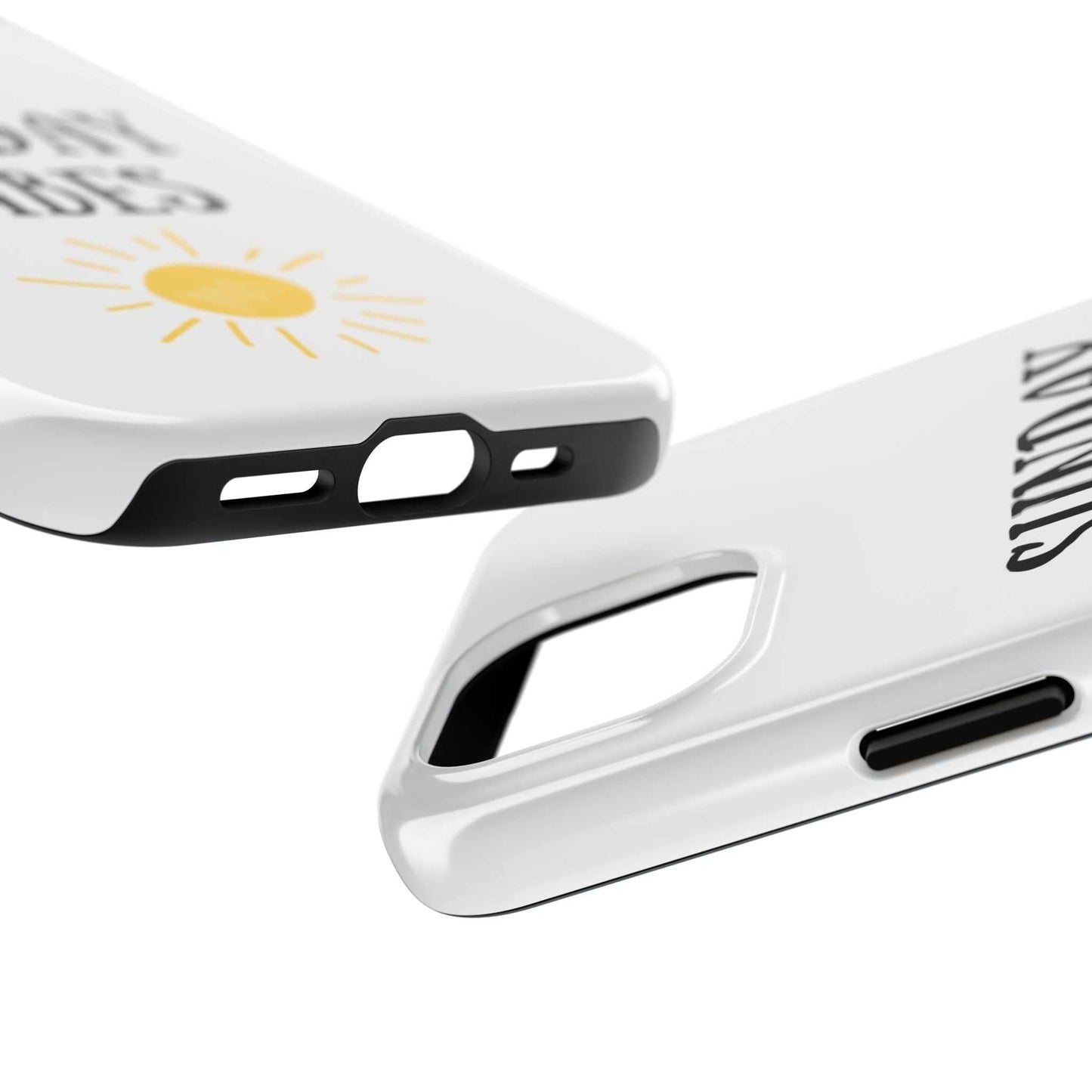 Phone case with 'Sunday Vibes' sun graphic design, durable Lexan plastic, glossy finish.