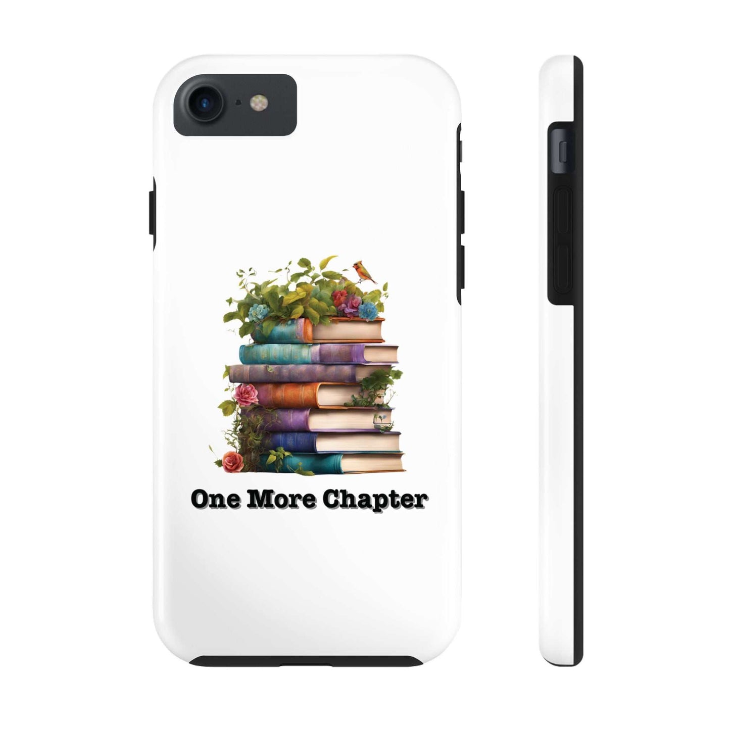 Phone case with book pile design and "One More Chapter" text, perfect for book lovers.