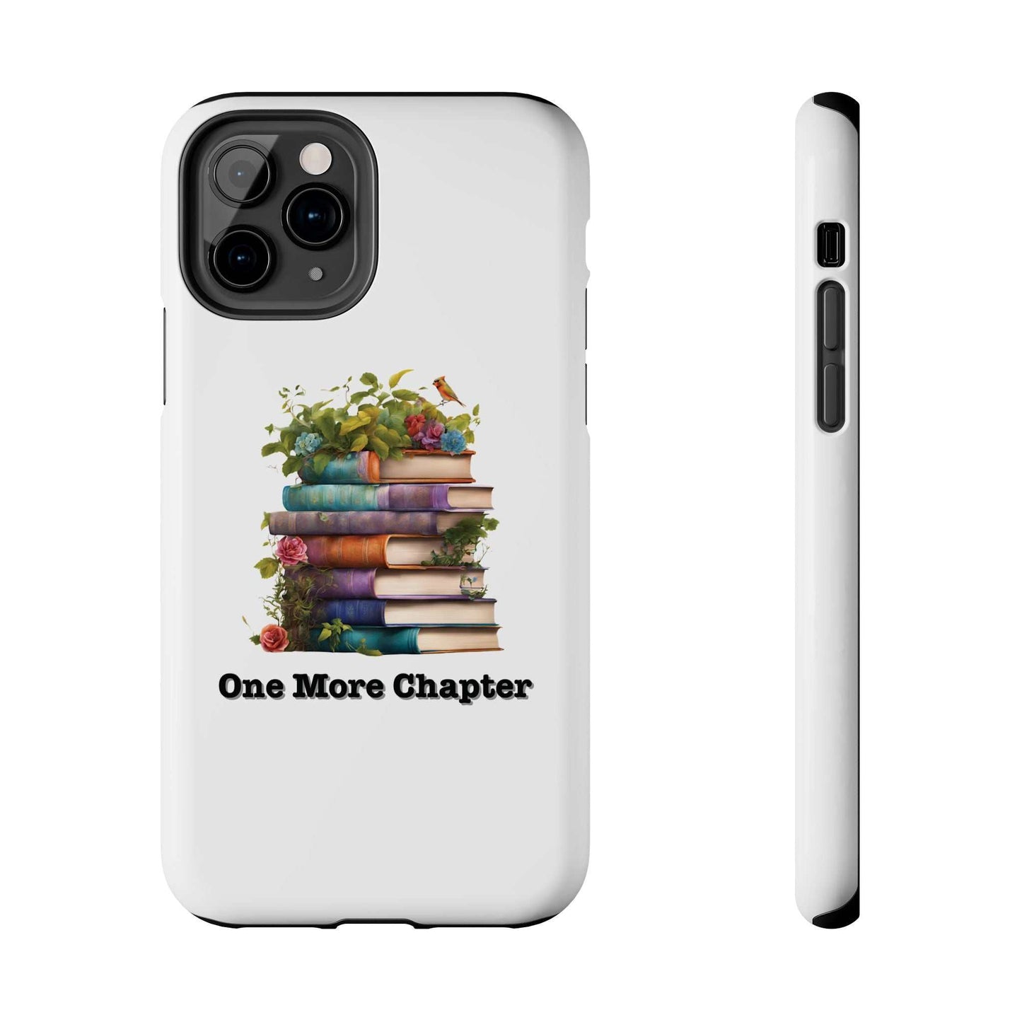 Phone case with book pile design and "One More Chapter" text, perfect for book lovers.