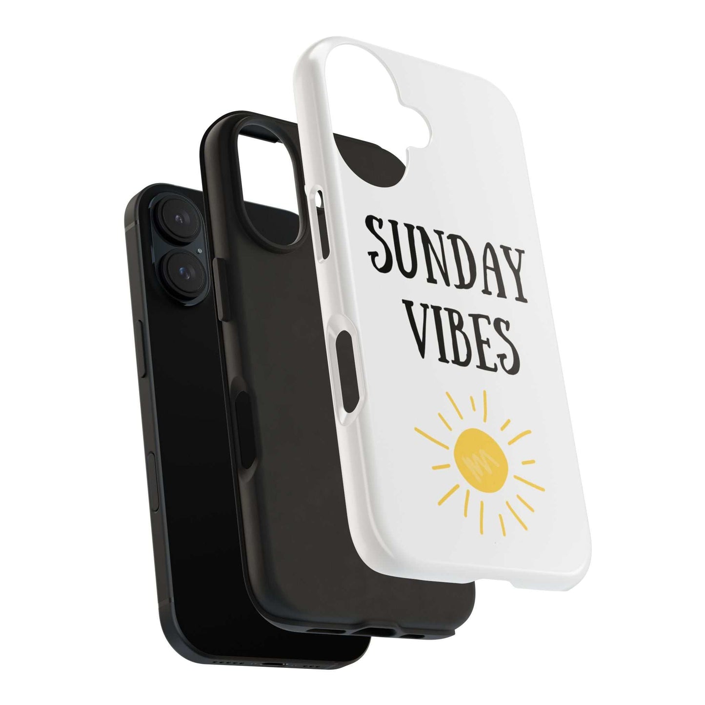 Phone case with 'Sunday Vibes' sun graphic design, durable Lexan plastic, shock-absorbing rubber liner, glossy finish.