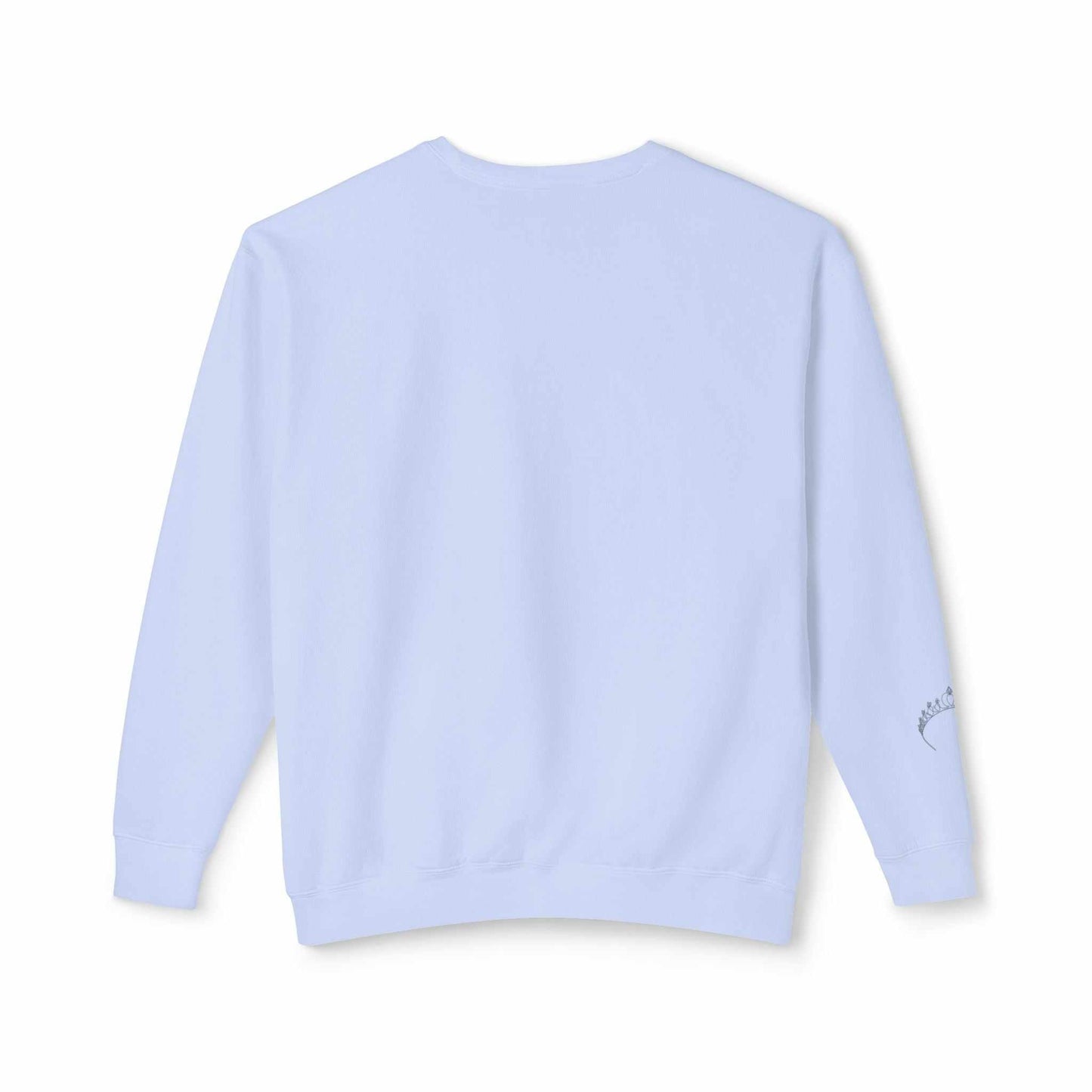 Light blue Queens Mystery Sweatshirt with ribbed cuffs and hem.