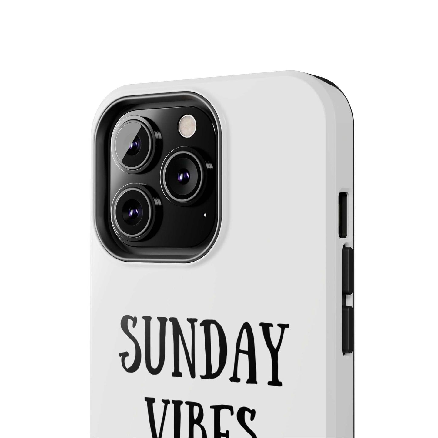 Phone case with 'Sunday Vibes' sun graphic design, strong Lexan plastic, glossy finish.