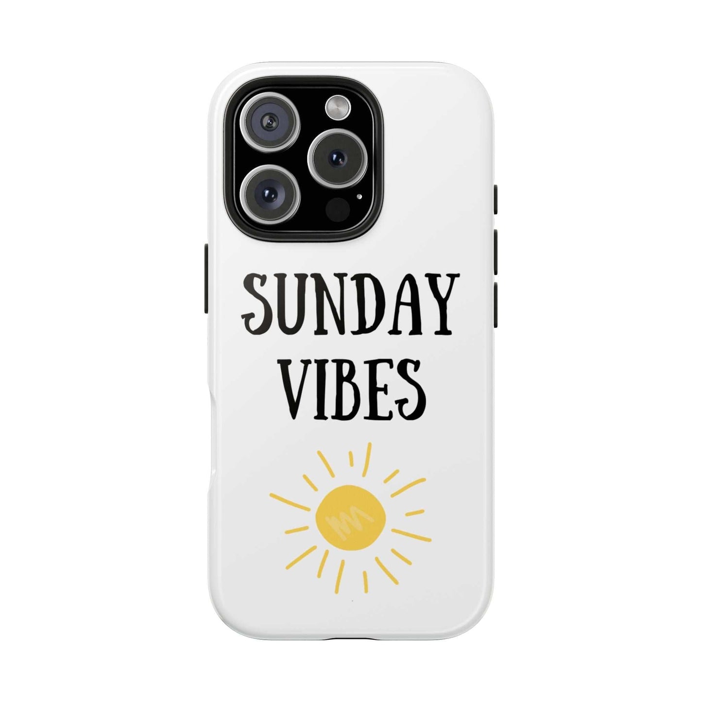 Phone case with 'Sunday Vibes' sun graphic design on white background, durable Lexan plastic.