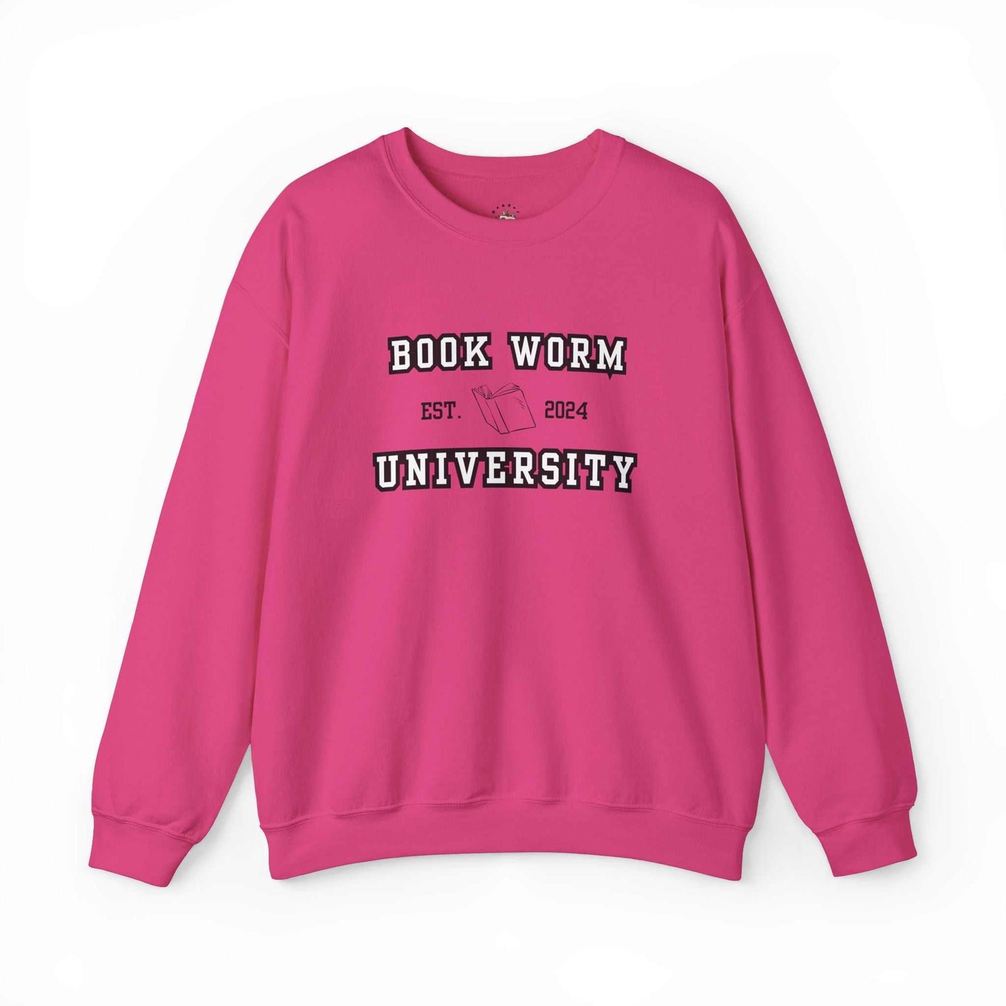 Bookworm University Crewneck Sweatshirt with Est 2024 Design in pink, cozy medium-heavy cotton-polyester blend.