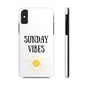 Phone case with 'Sunday Vibes' sun graphic design, durable Lexan plastic, glossy finish.