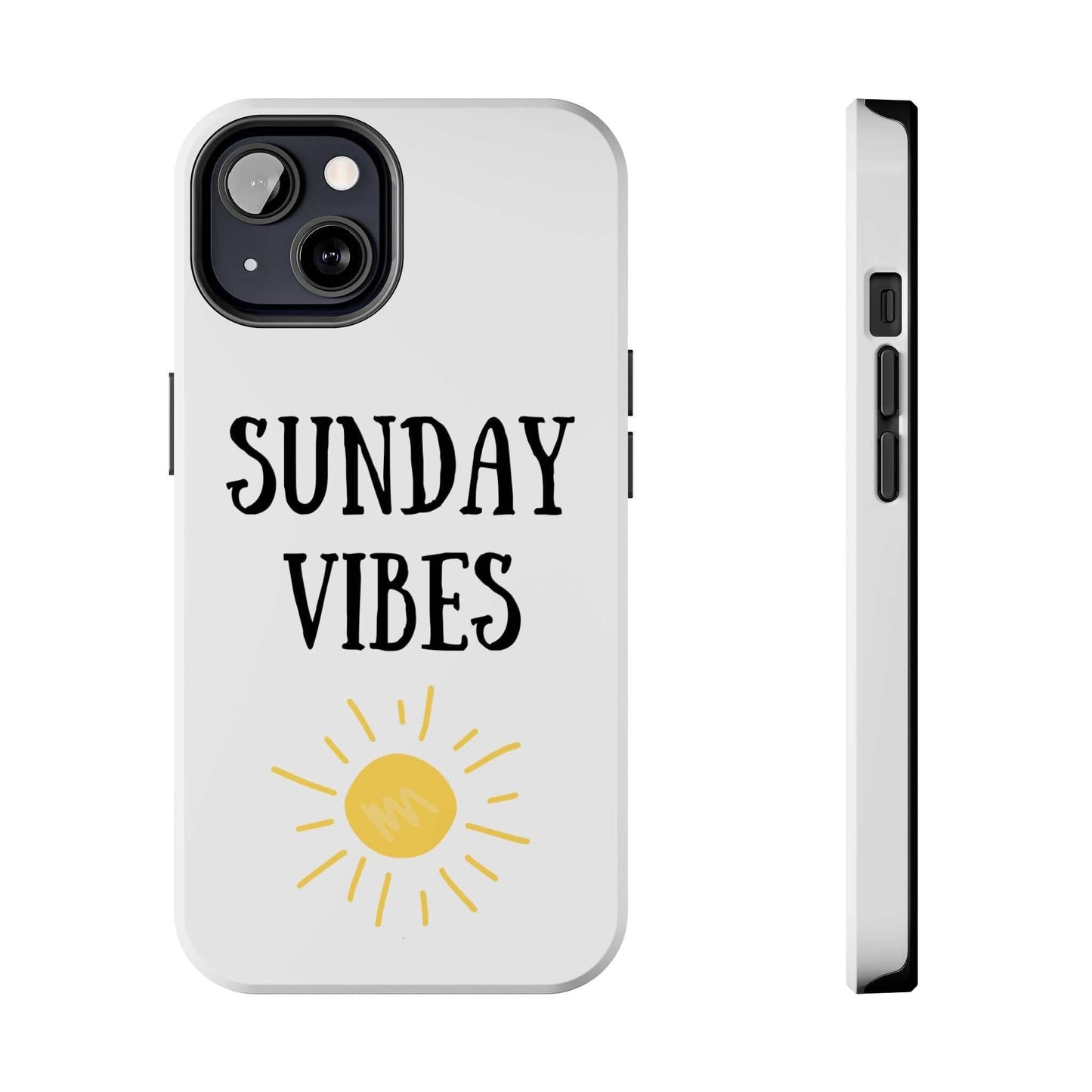 Phone case with 'Sunday Vibes' sun graphic design, durable Lexan plastic, glossy finish.