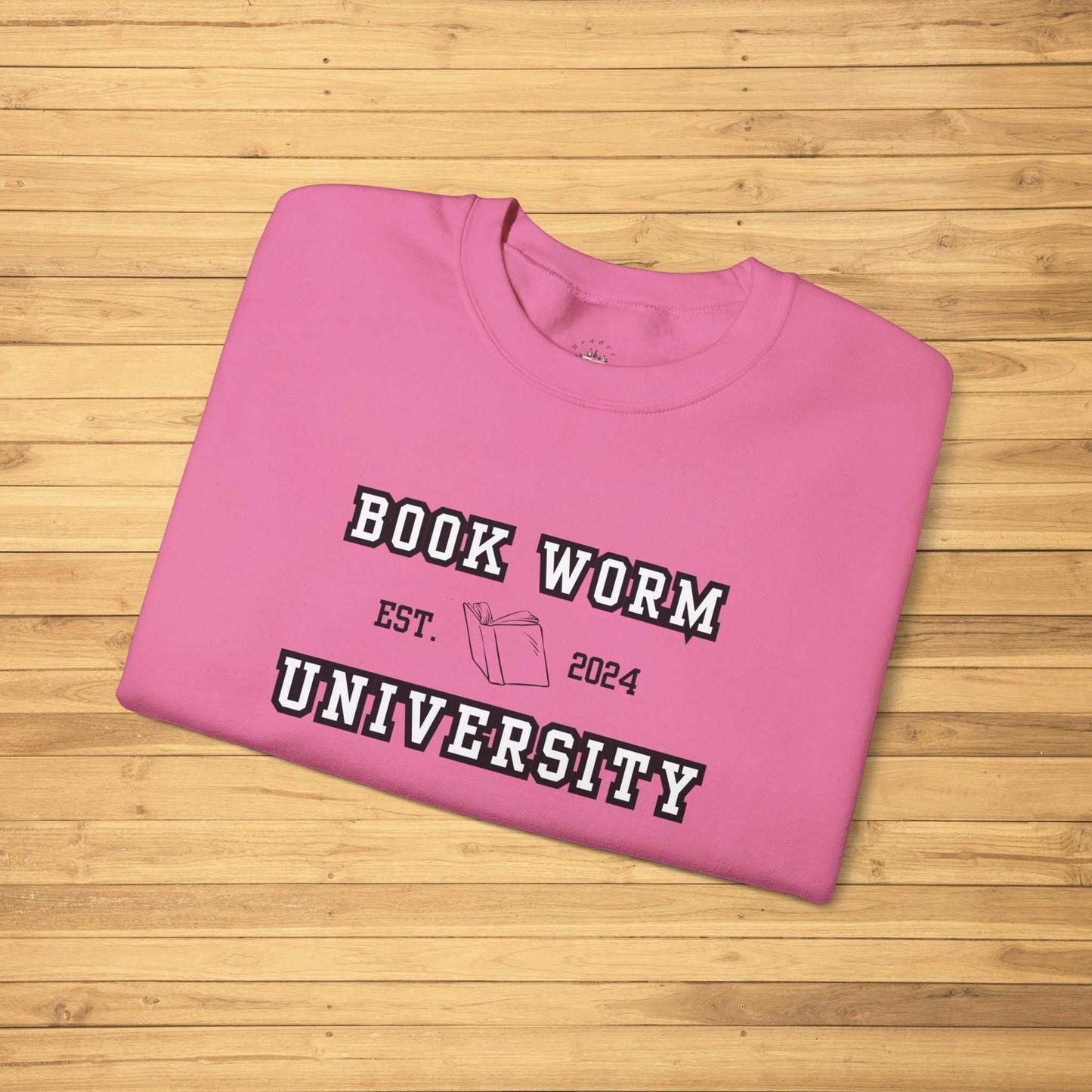 Bookworm University Crewneck Sweatshirt Est 2024 Design, pink, cozy for book lovers, cotton-poly blend.