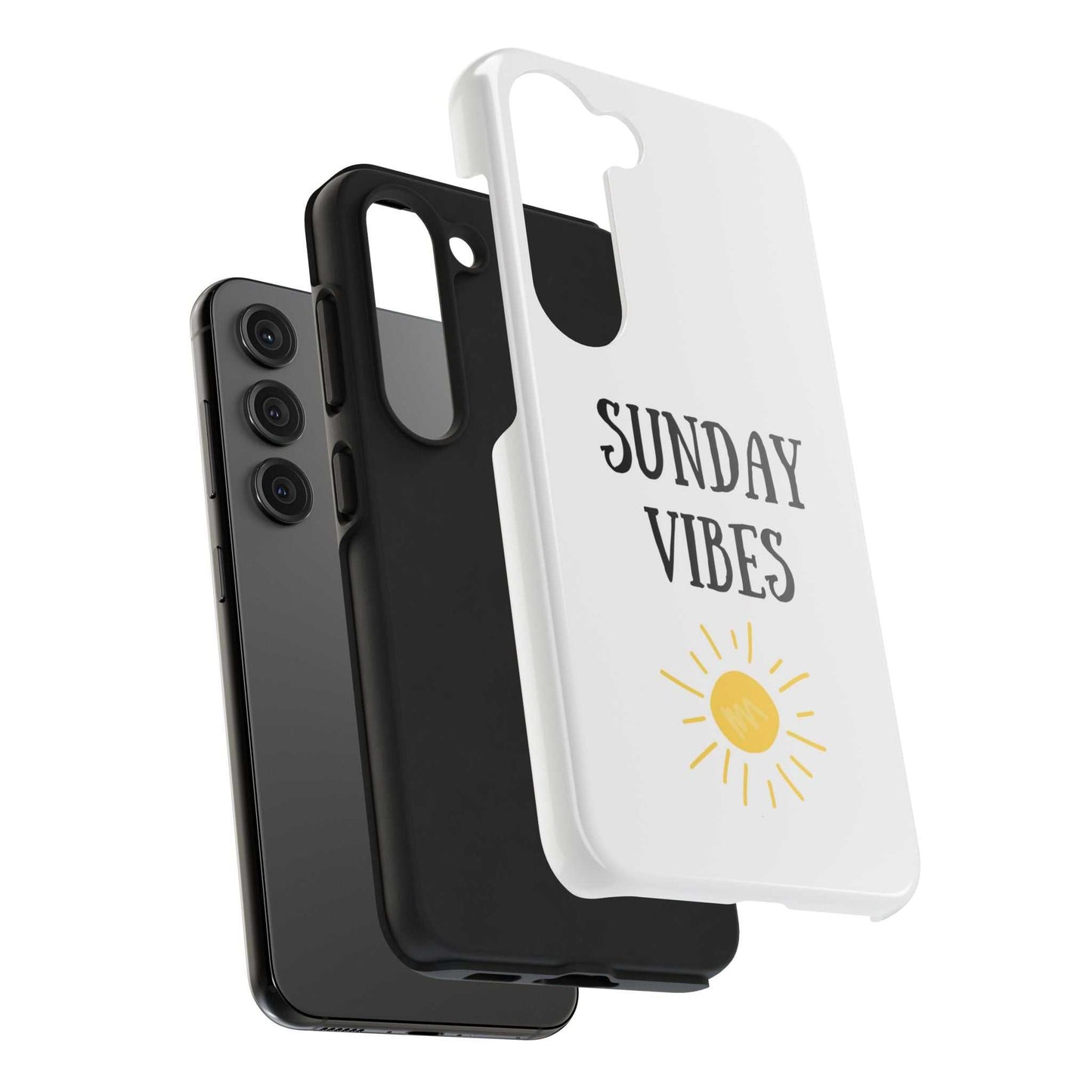 Phone case with "Sunday Vibes" sun graphic design, durable Lexan plastic, glossy finish.