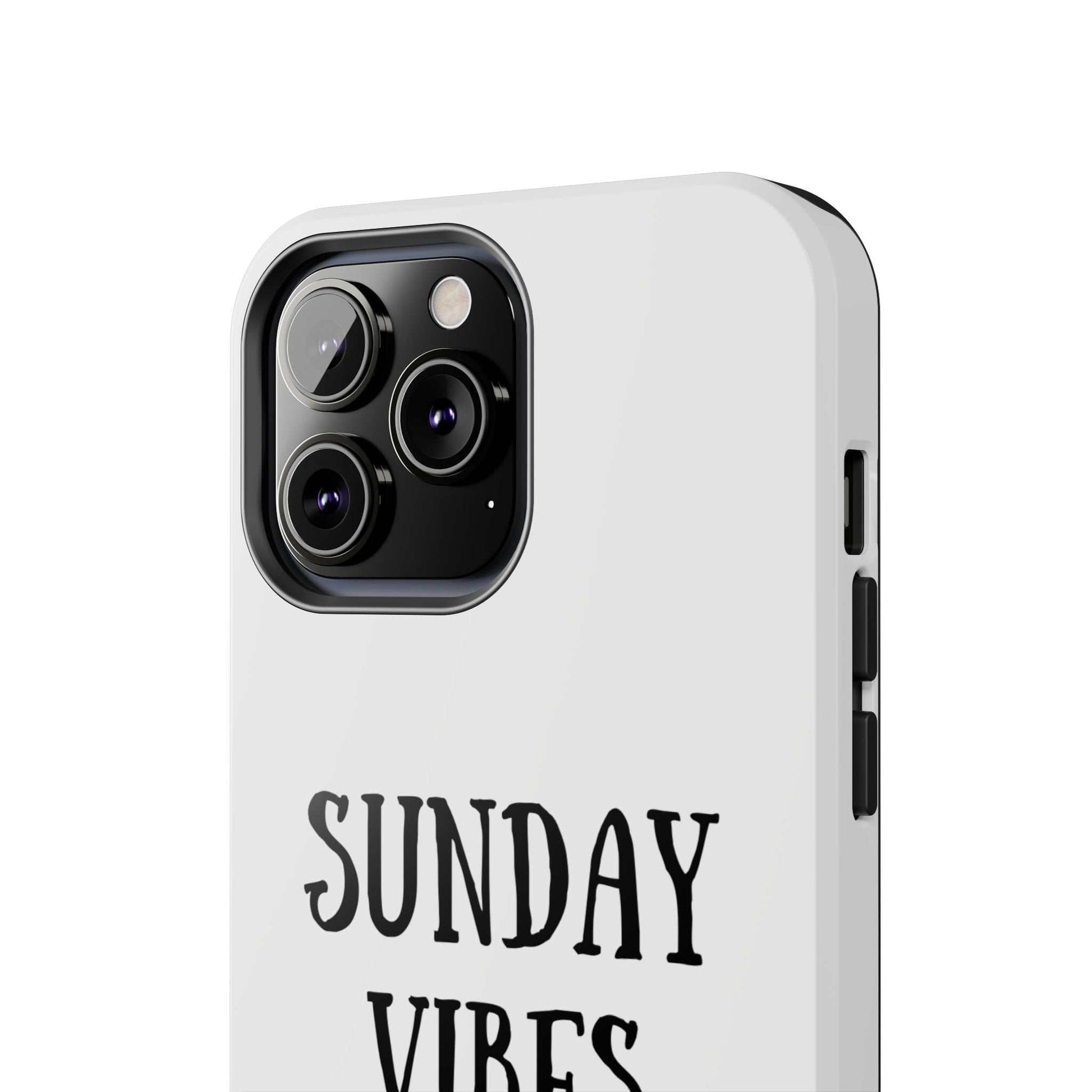 Phone case with 'Sunday Vibes' sun graphic in durable Lexan plastic.