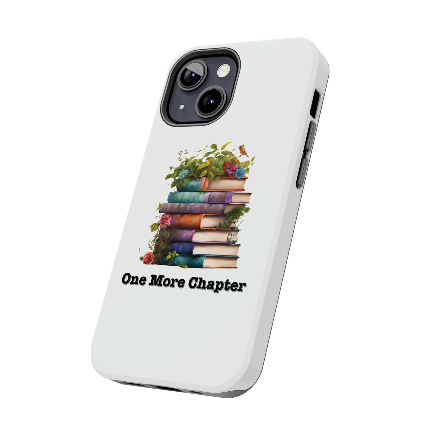 Phone case with book pile design, "One More Chapter" text, durable and stylish.