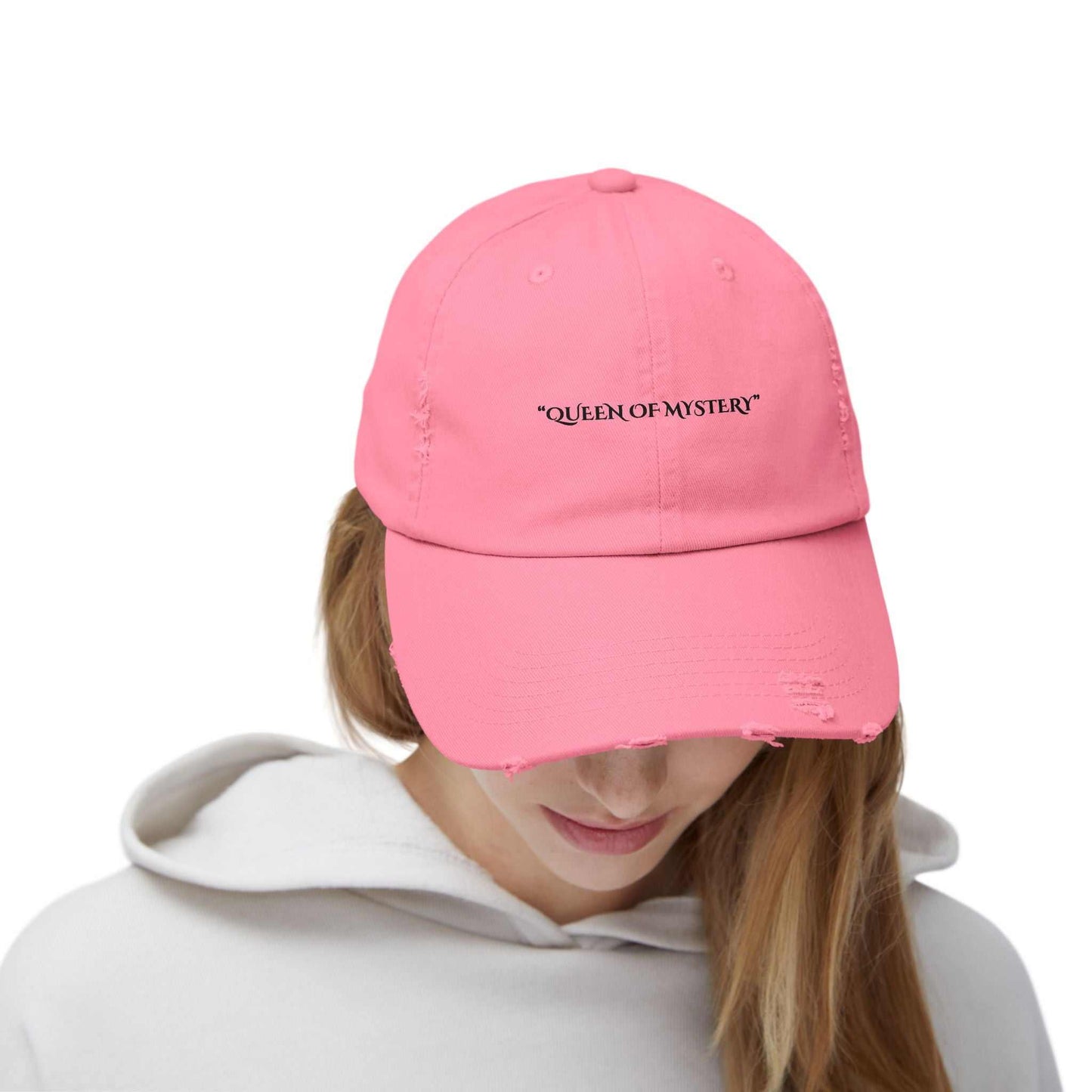 Distressed pink cap with "Queen of Mystery" text, vintage style by Securing Secrets Brand.