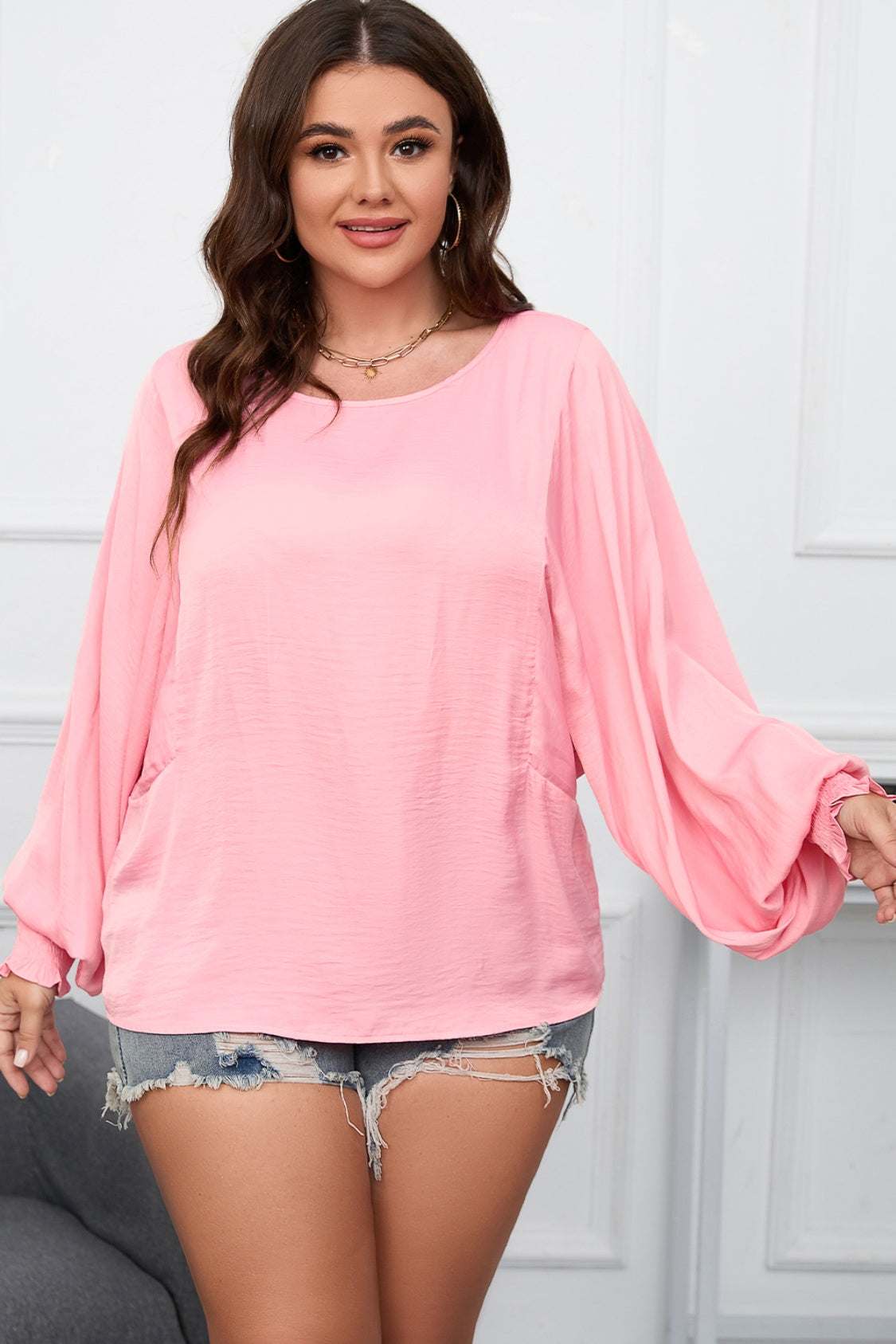 Plus Size Lantern Sleeve Dropped Shoulder Blouse Blush Pink