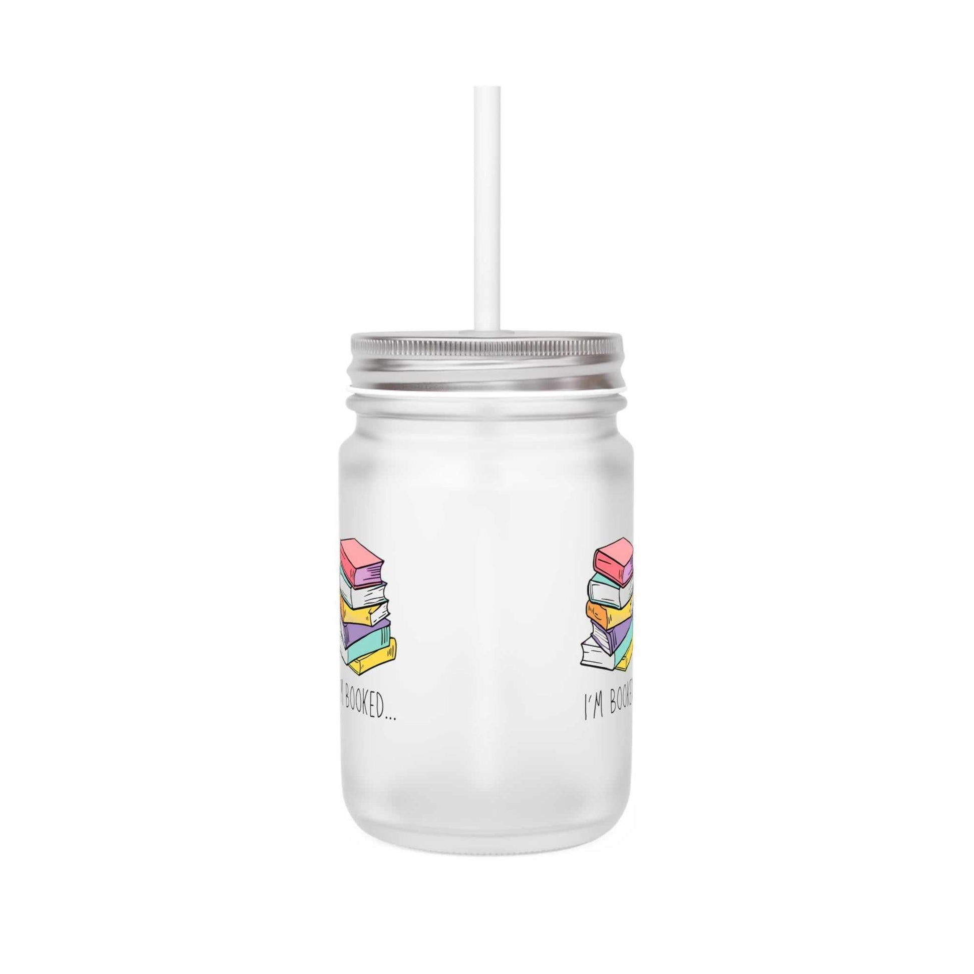 Frosted glass mason jar mug with "I'm Booked" text and books graphic, 12oz size, wide mouth, and straw.