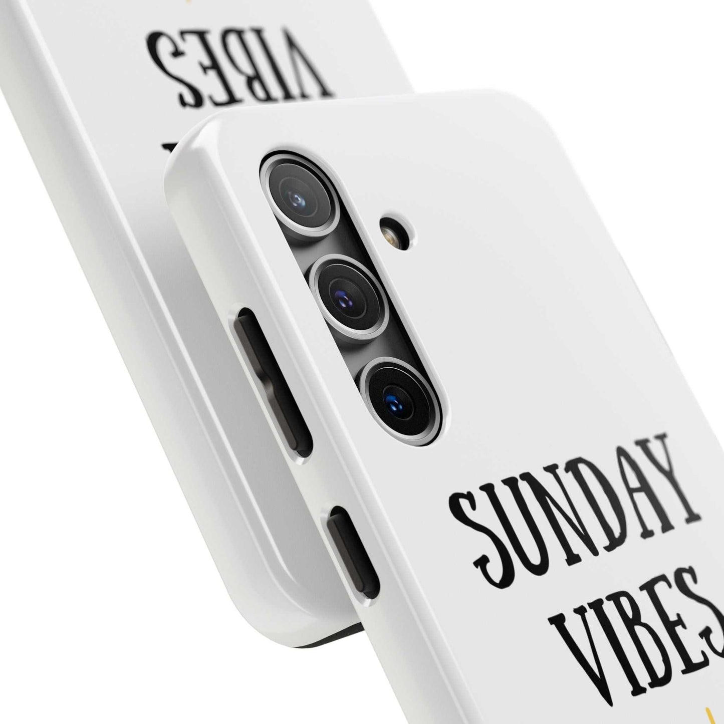 Sunday Vibes phone case with sun graphic design, durable Lexan plastic, glossy finish.