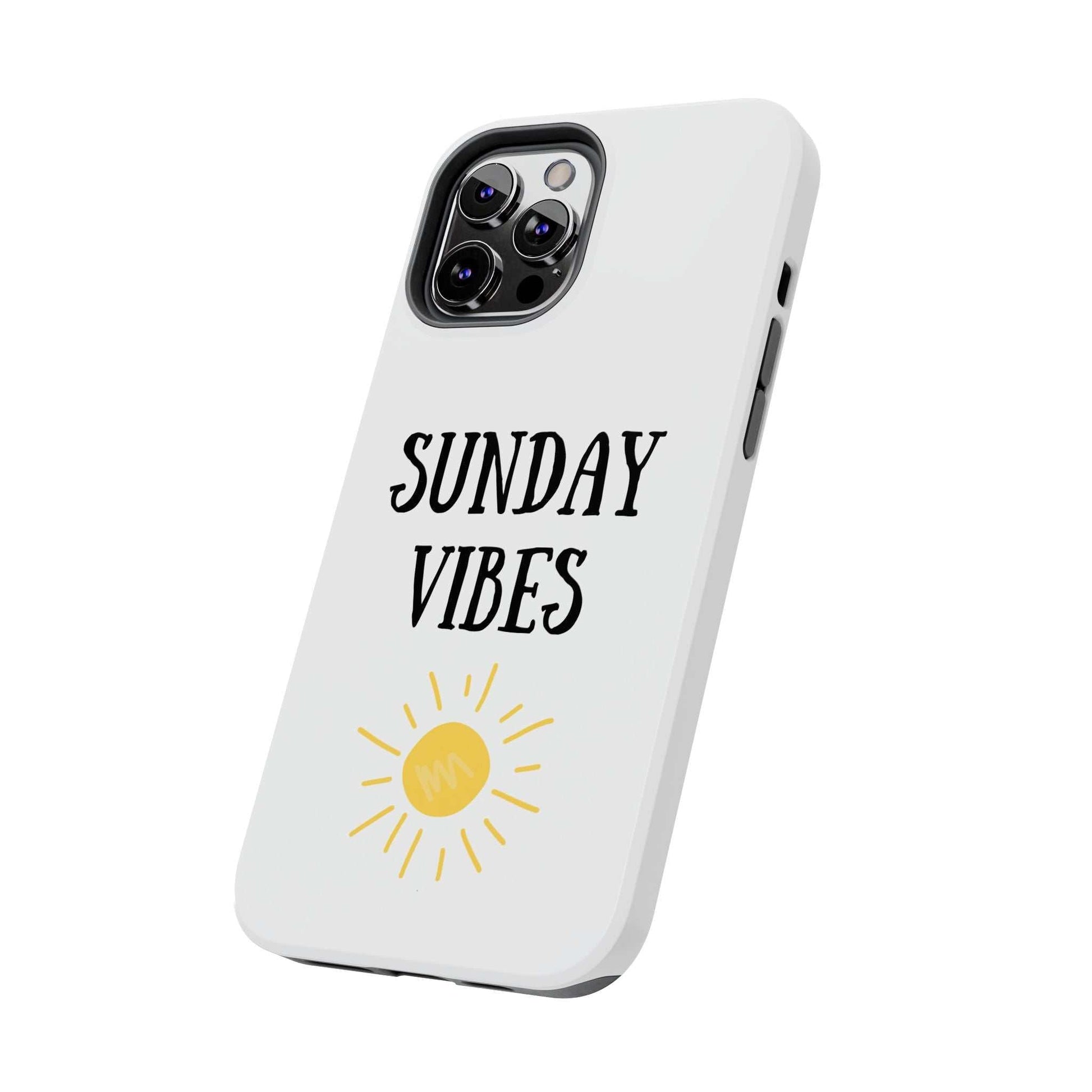 Phone case with "Sunday Vibes" sun graphic design, durable Lexan material.