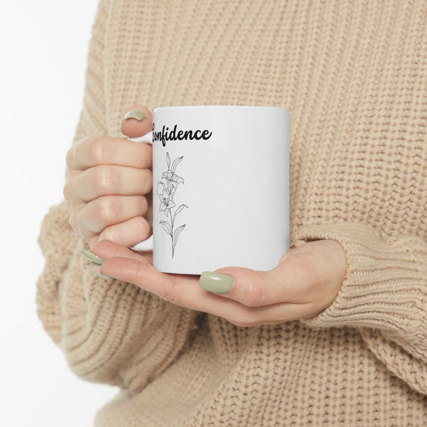 Ceramic mug with confidence lily design, glossy and vibrant, available in 11oz and 15oz sizes.