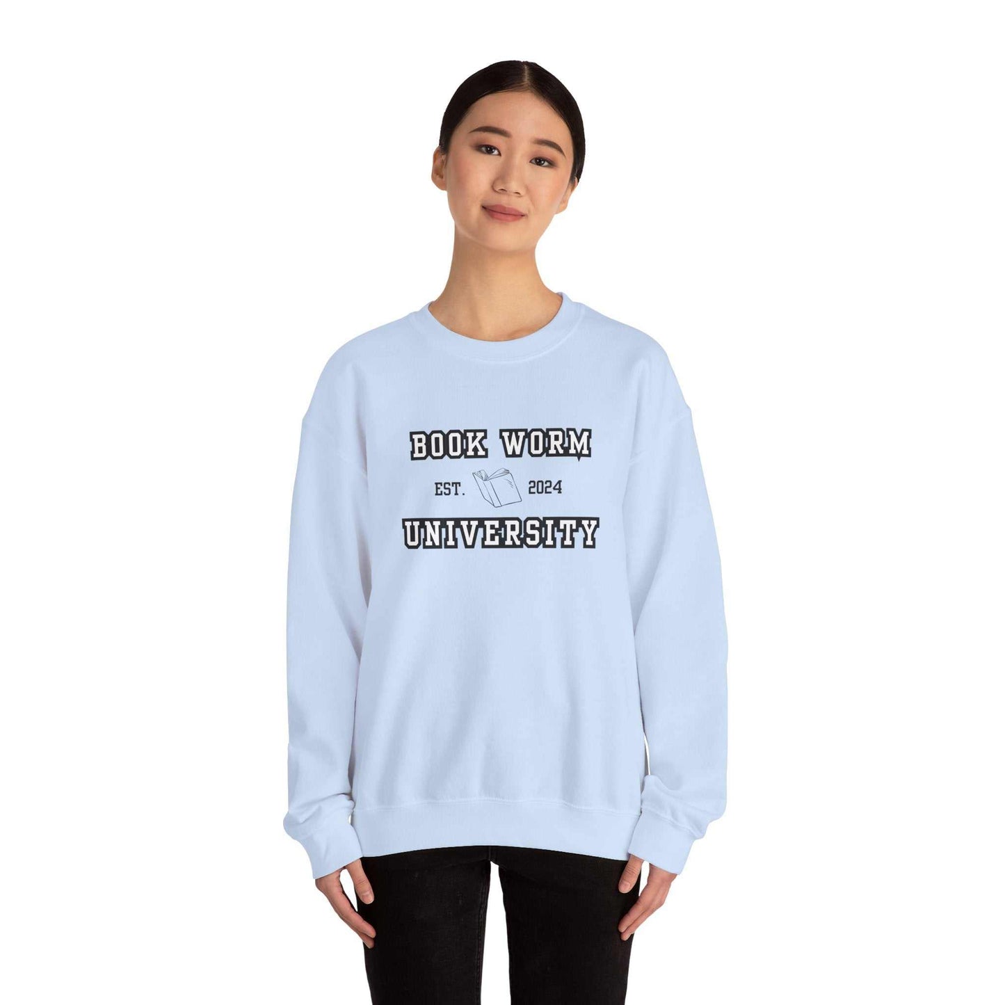 Bookworm University Crewneck Sweatshirt with Est 2024 Design, cozy cotton-polyester blend, classic fit for book lovers and students.