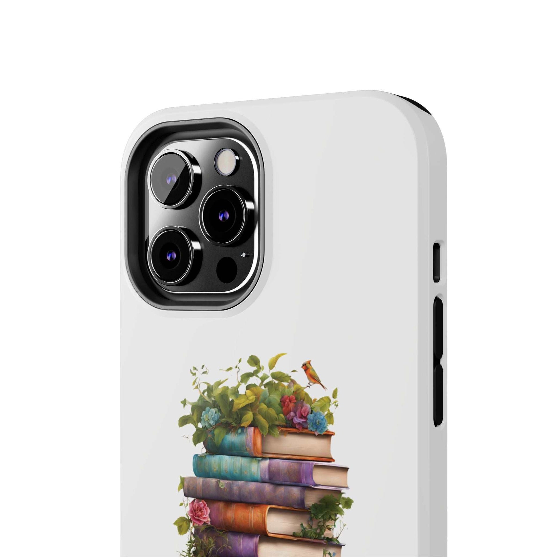 Phone case with chapter book pile design, durable Lexan plastic, scratch-resistant.