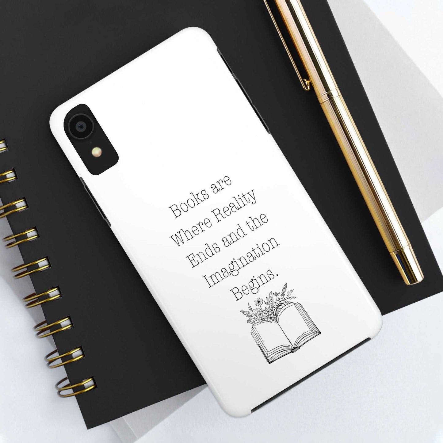 Quote Book Phone Case with flowers and book design, durable and impact-resistant, ideal for book lovers.