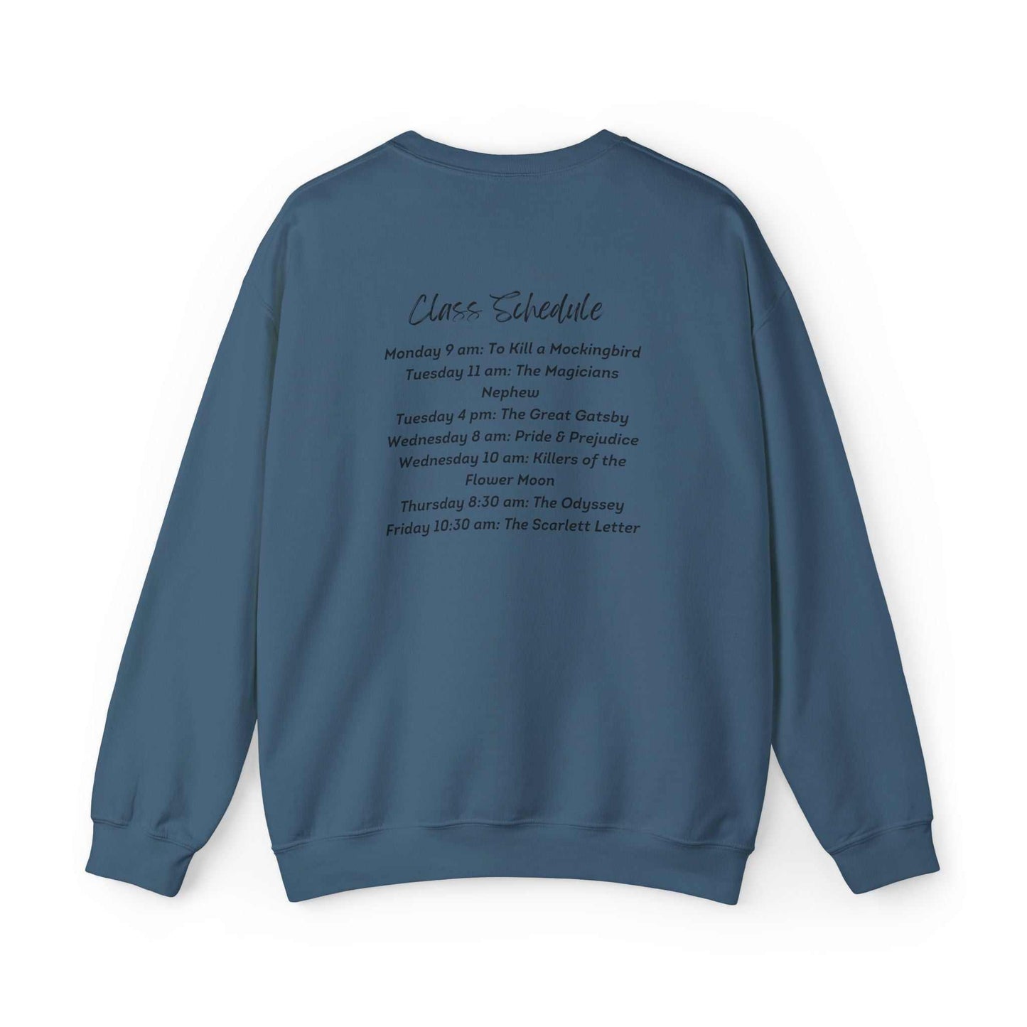 Bookworm University Crewneck Sweatshirt with Est 2024 Design for book lovers and students, blue color, classic fit, cozy medium-heavy fabric.