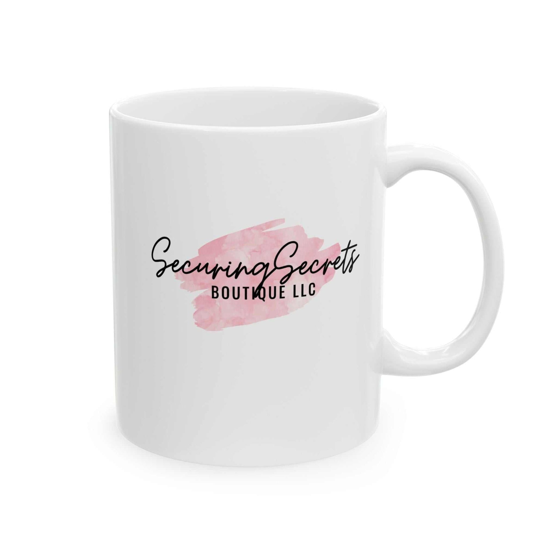 Ceramic coffee mug with Securing Secrets Boutique LLC logo, available in 11oz and 15oz sizes.