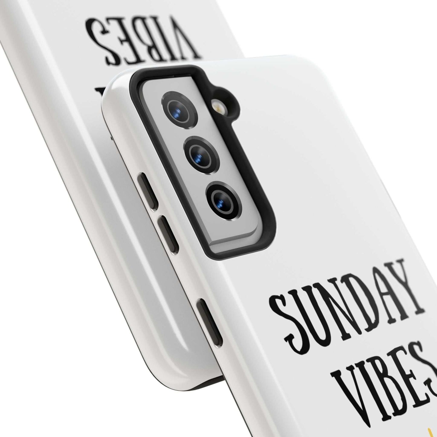 Sunday Vibes phone case with sun graphic, durable Lexan plastic, glossy finish, and UV protection.