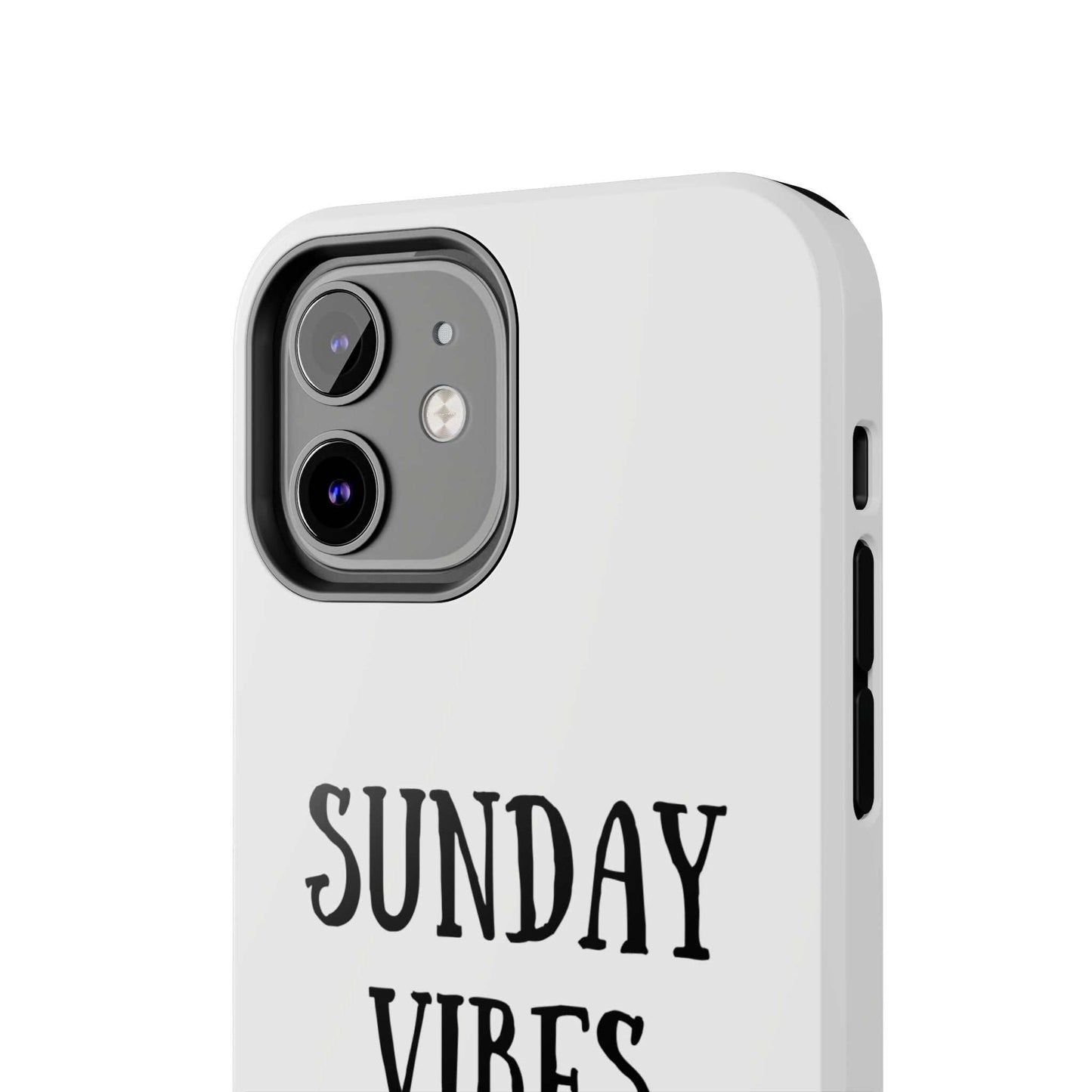 Phone case with 'Sunday Vibes' sun graphic design, durable Lexan plastic, glossy finish, UV protection.