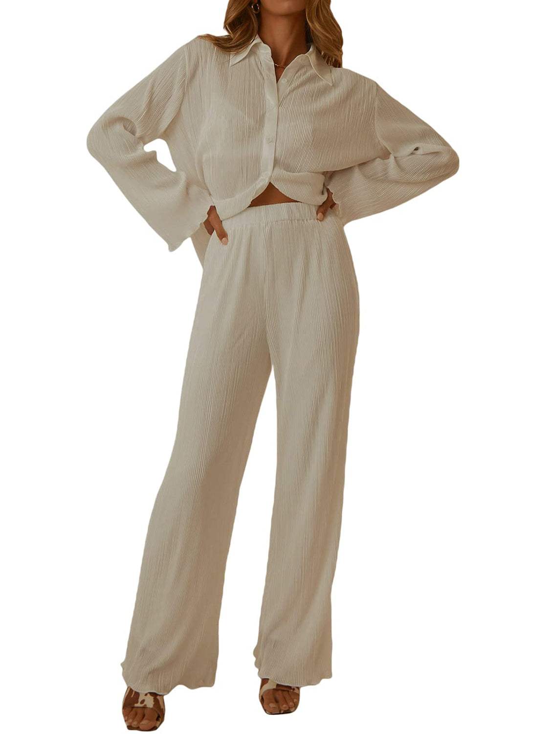 Collared neck long sleeve top and pants lounge set in beige polyester.