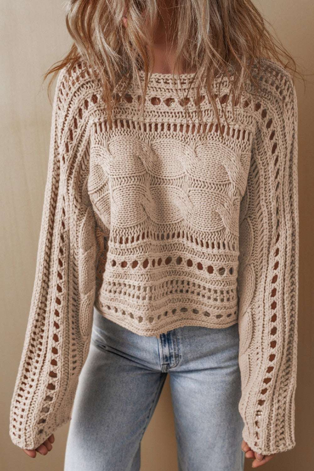 Cable-Knit Openwork Long Sleeve Sweater Dust Storm