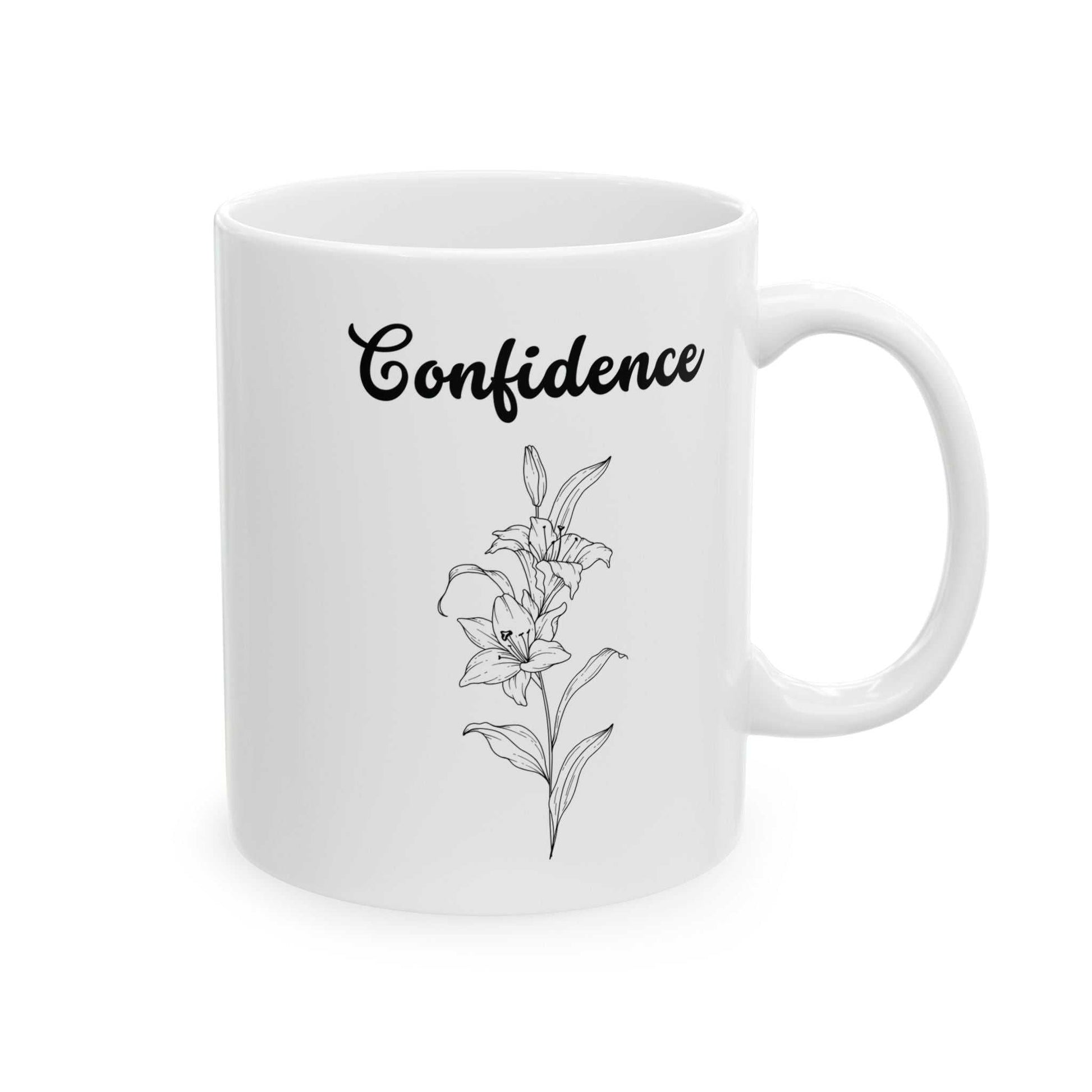 Ceramic mug with lily design and "Confidence" text, microwave and dishwasher safe.