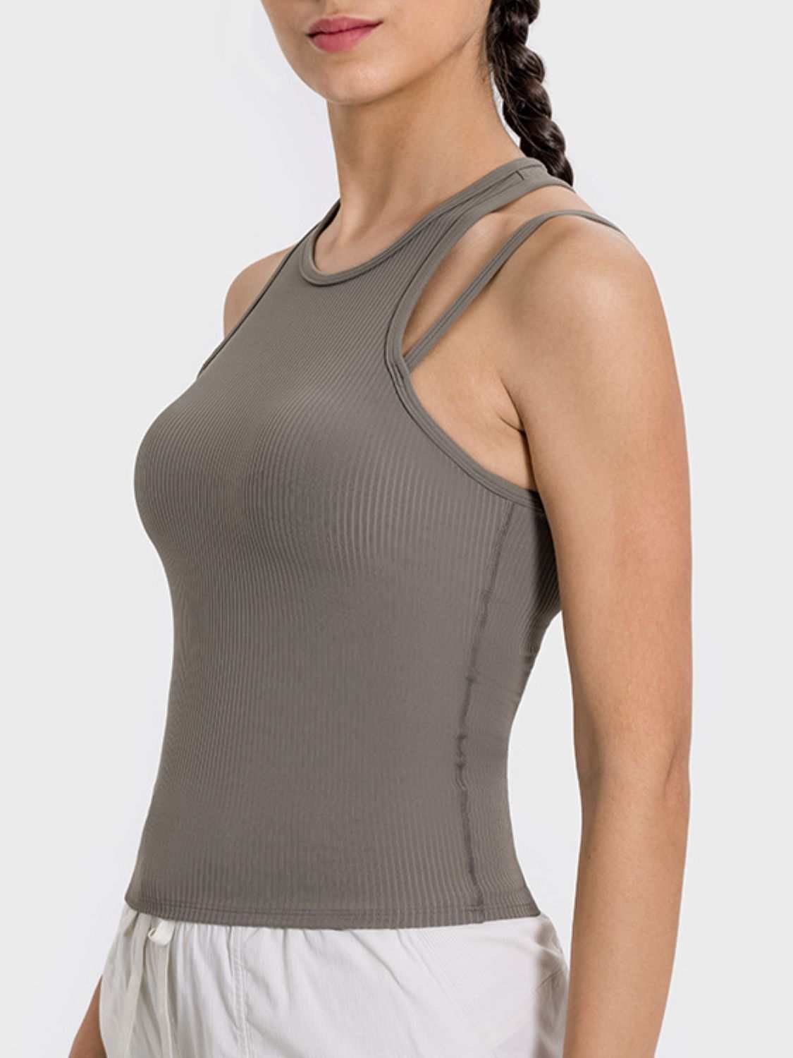 Millennia Cutout Round Neck Racerback Active Tank in gray with moderate stretch and nylon-spandex blend.