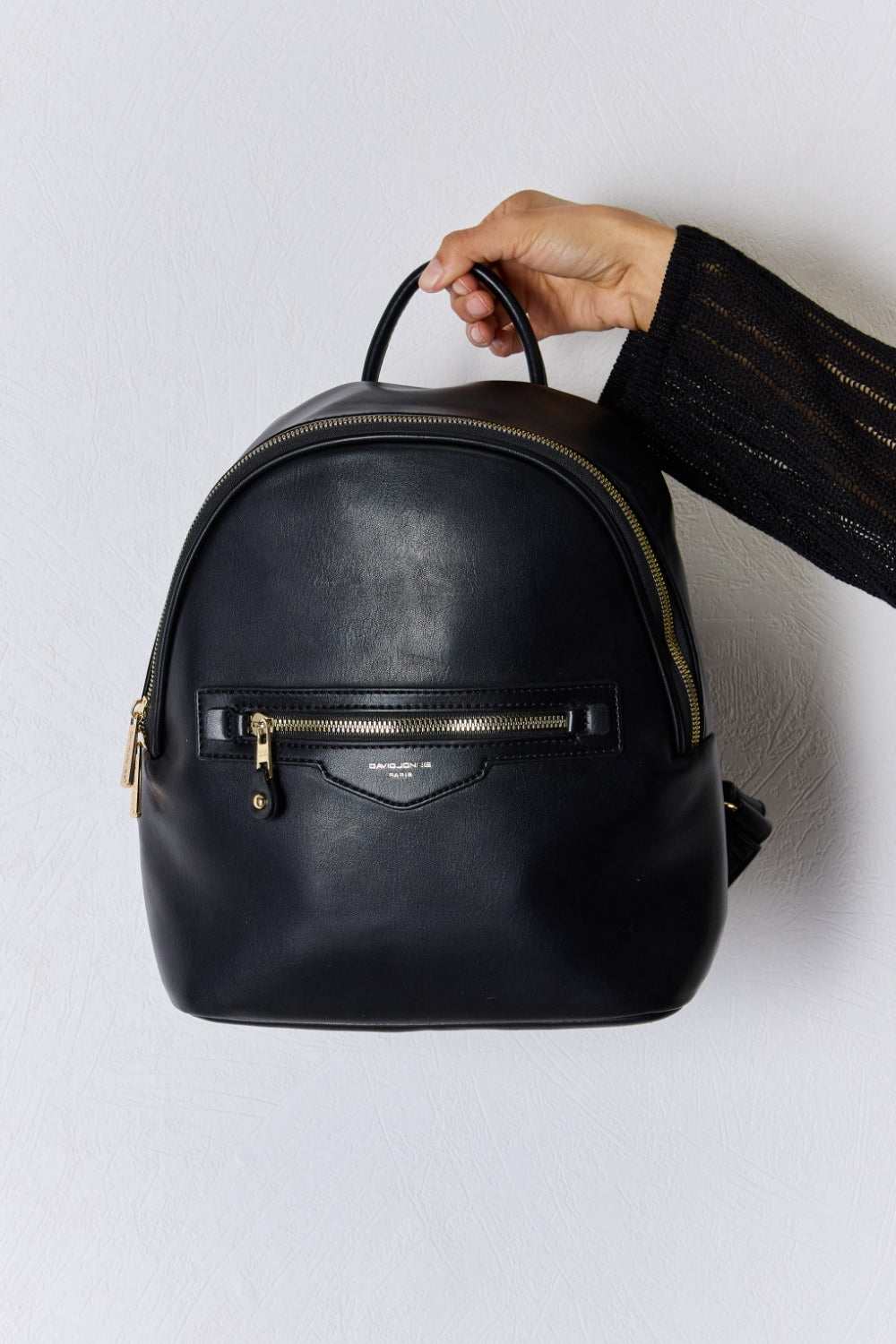 David Jones PU Leather Backpack, medium size, high-quality black leather with multiple compartments.